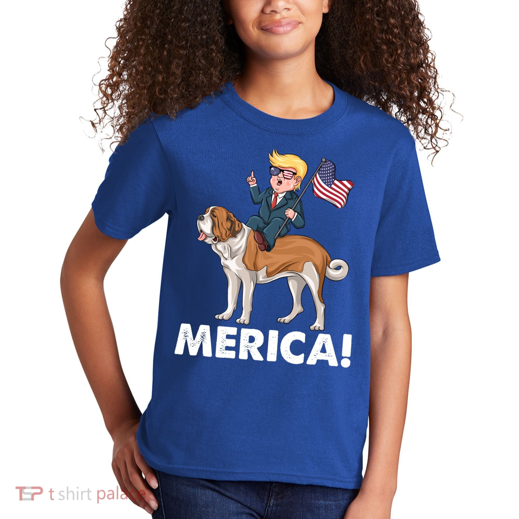Trump Merica Riding A Saint Bernard Dog Patriotic 4th July Gift Kids T-Shirt