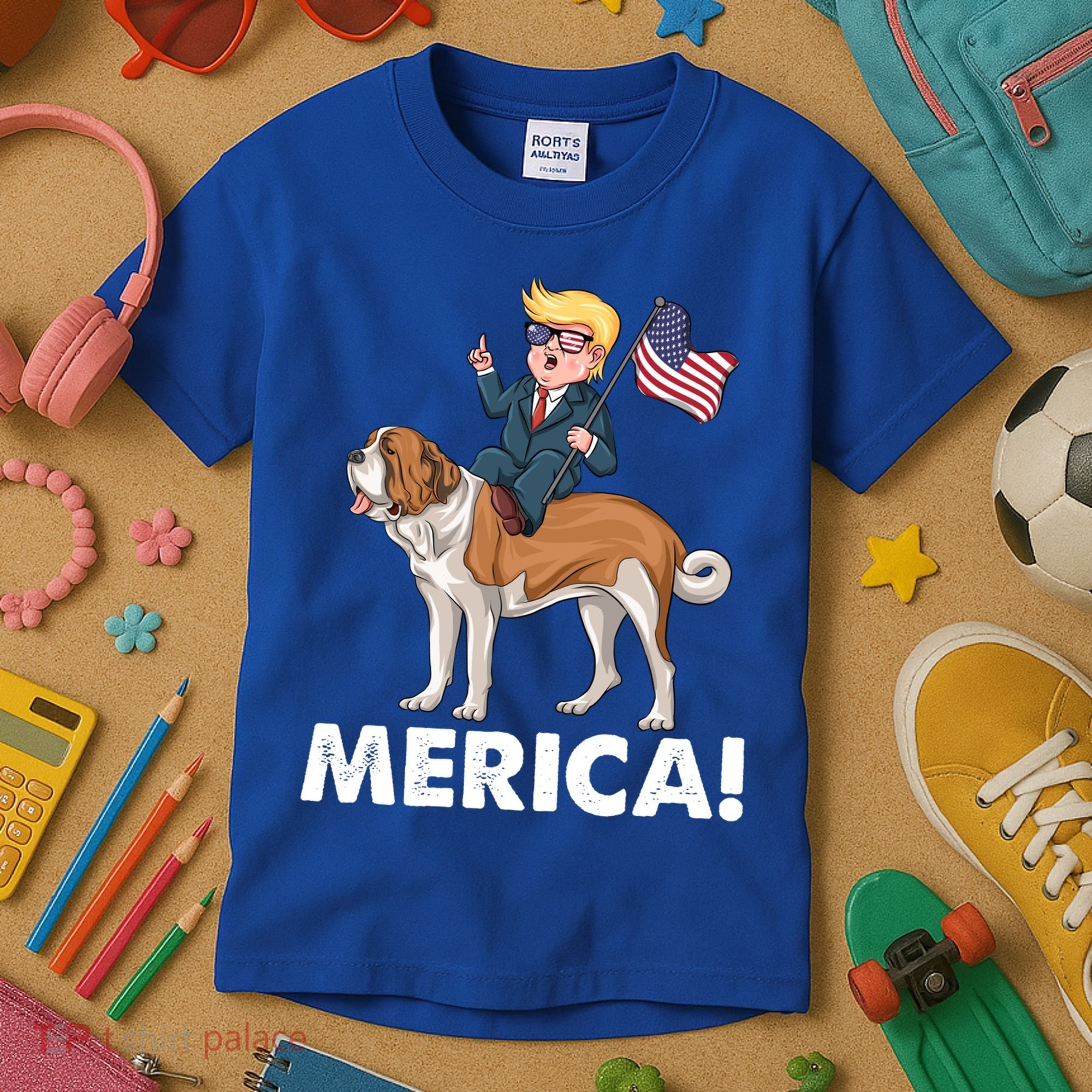 Trump Merica Riding A Saint Bernard Dog Patriotic 4th July Gift Kids T-Shirt