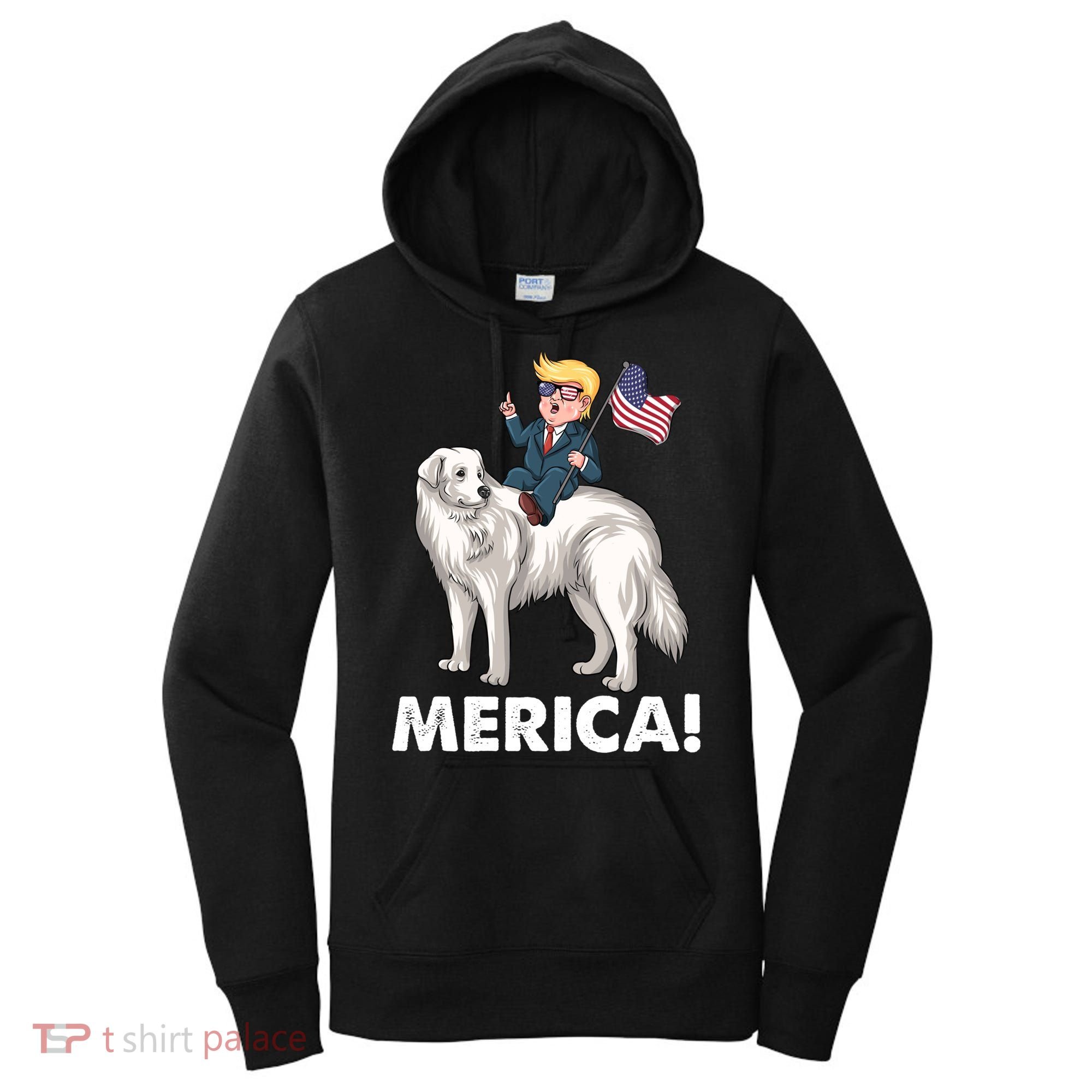 Trump Merica Riding A Kuvasz Dog Patriotic 4th July Funny Gift Women's Hoodie