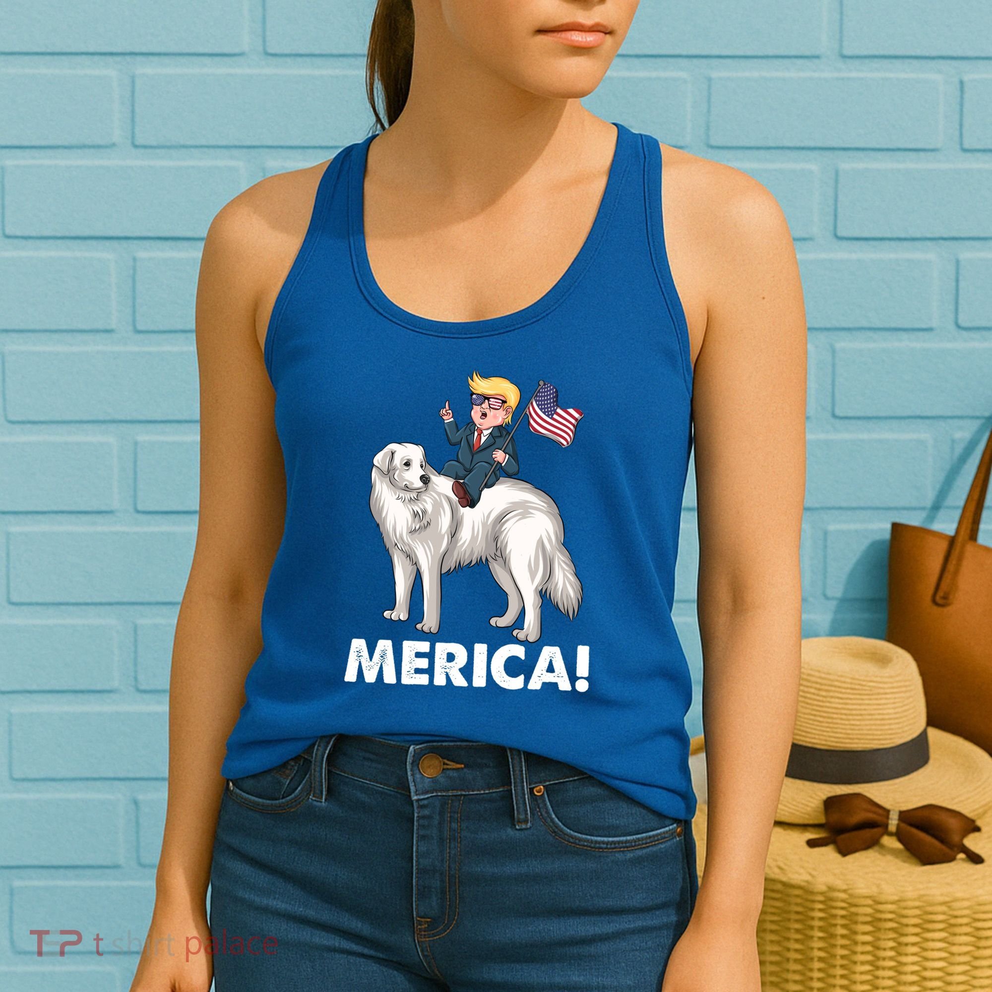 Trump Merica Riding A Kuvasz Dog Patriotic 4th July Funny Gift Women's Tank Top