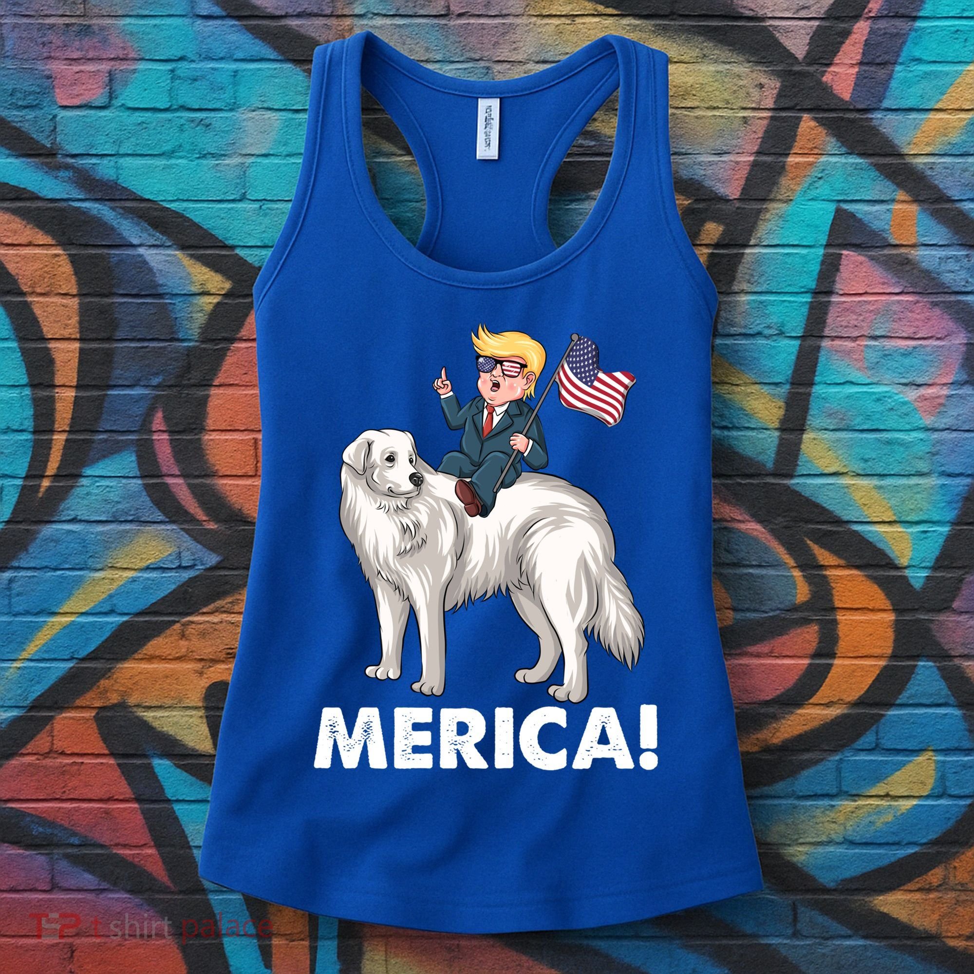 Trump Merica Riding A Kuvasz Dog Patriotic 4th July Funny Gift Women's Tank Top