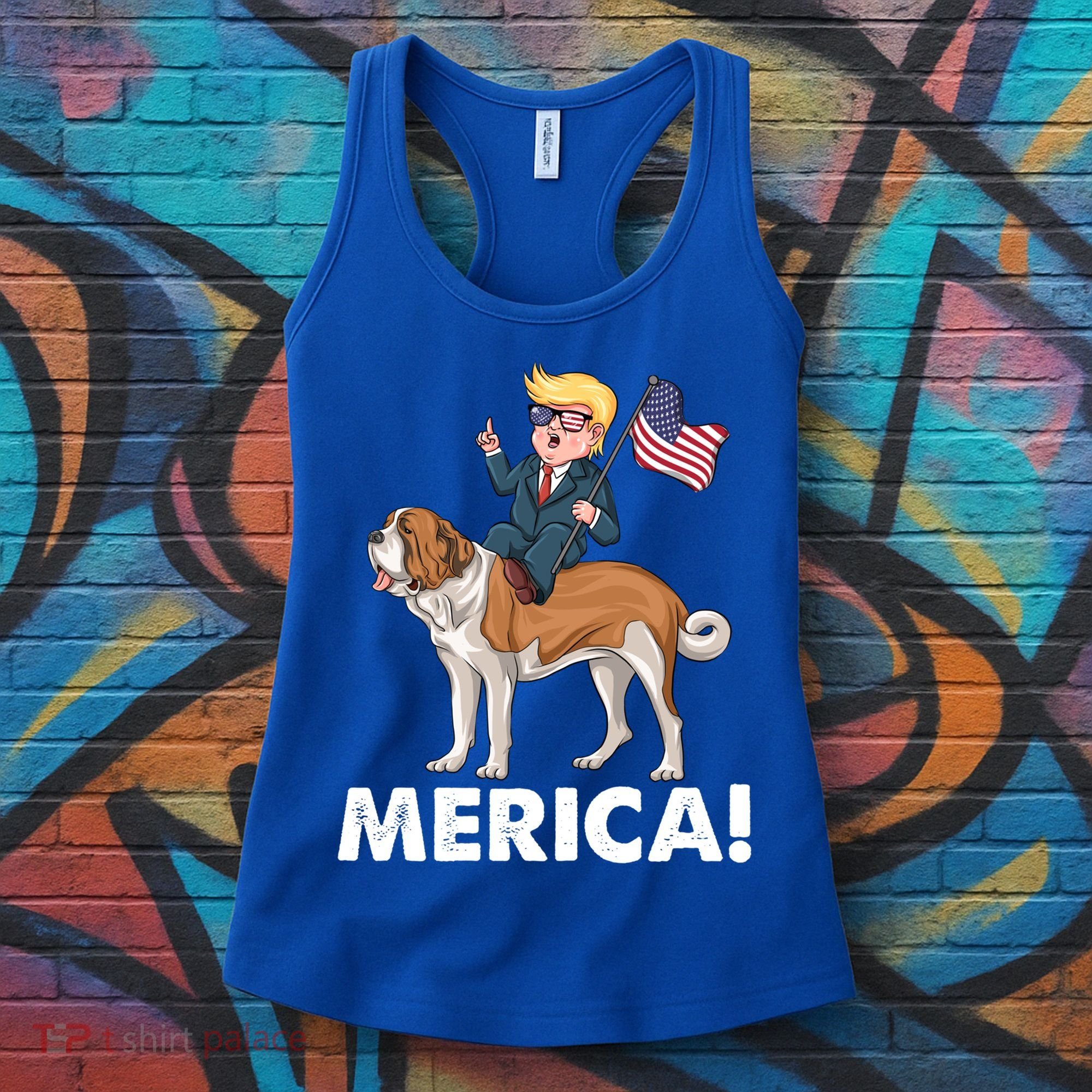 Trump Merica Riding A Saint Bernard Dog Patriotic 4th July Cute Gift Women's Tank Top