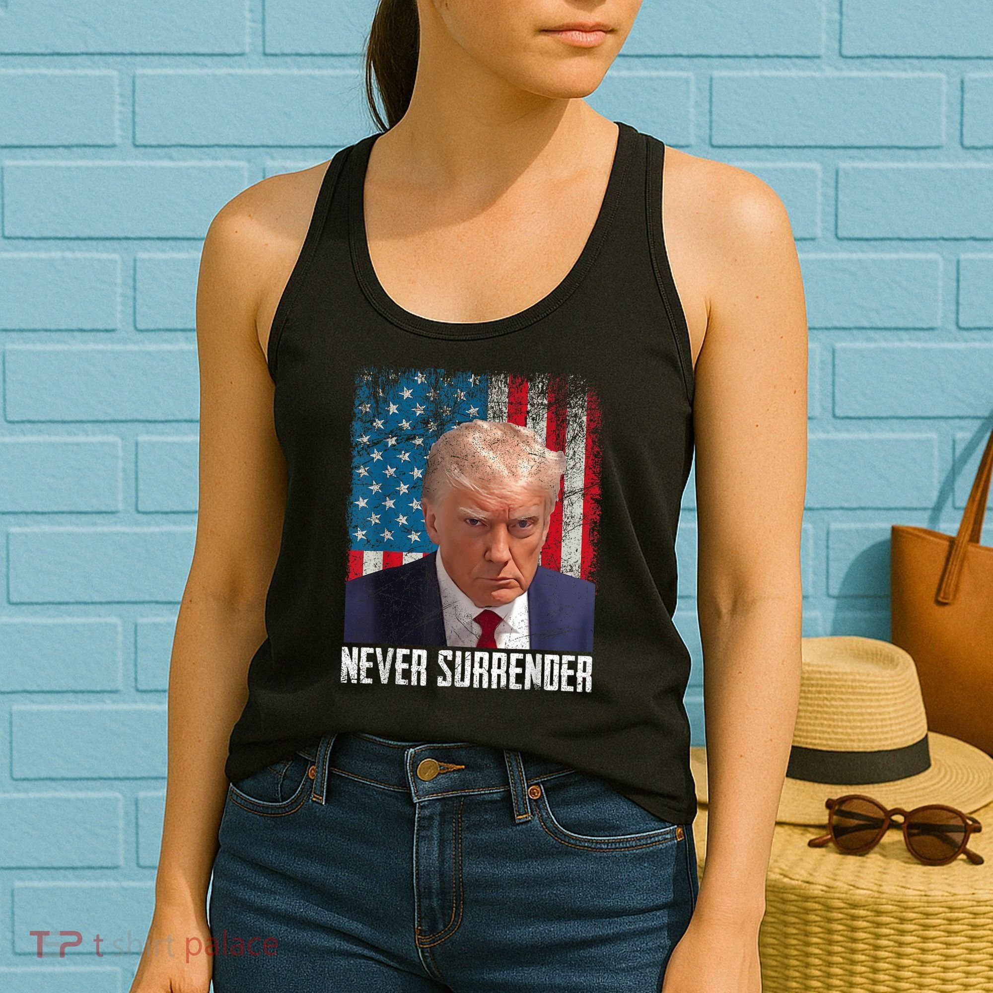 Trump Mug Shot Donald Trump Mug Shot Never Surrender Women's Tank Top