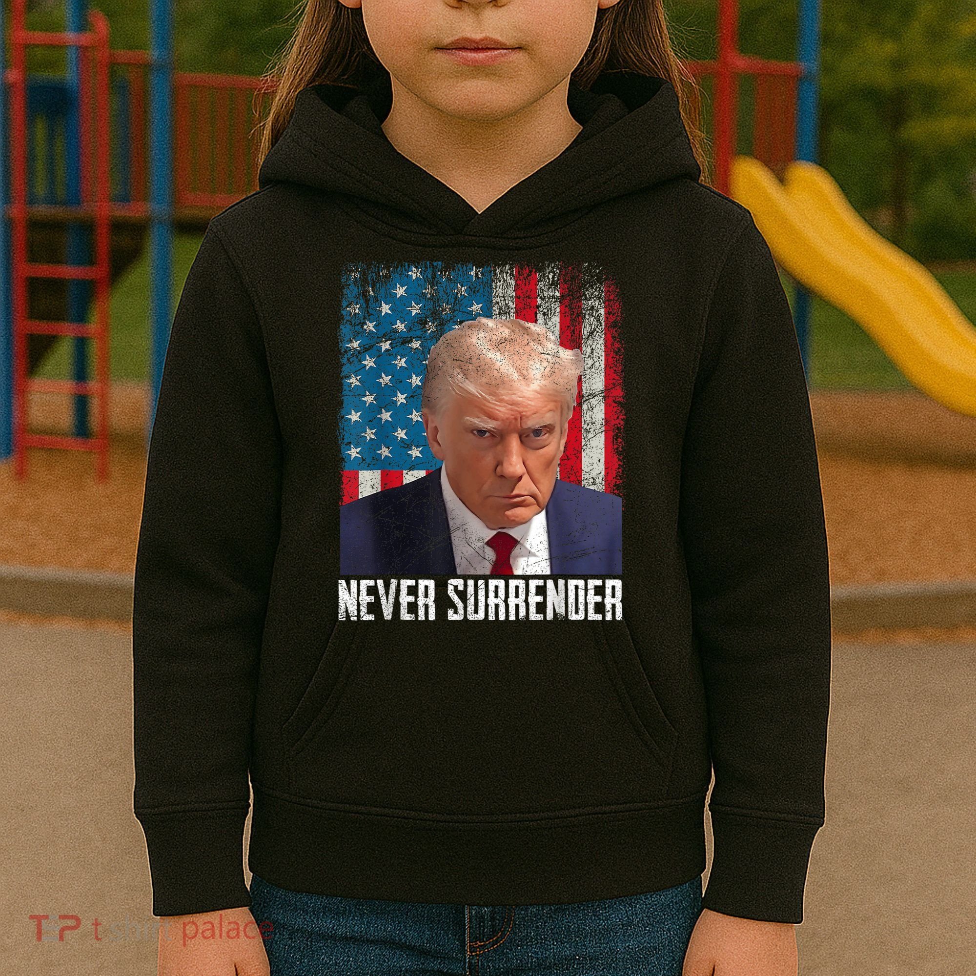 Trump Mug Shot Donald Trump Mug Shot Never Surrender Kids Hoodie
