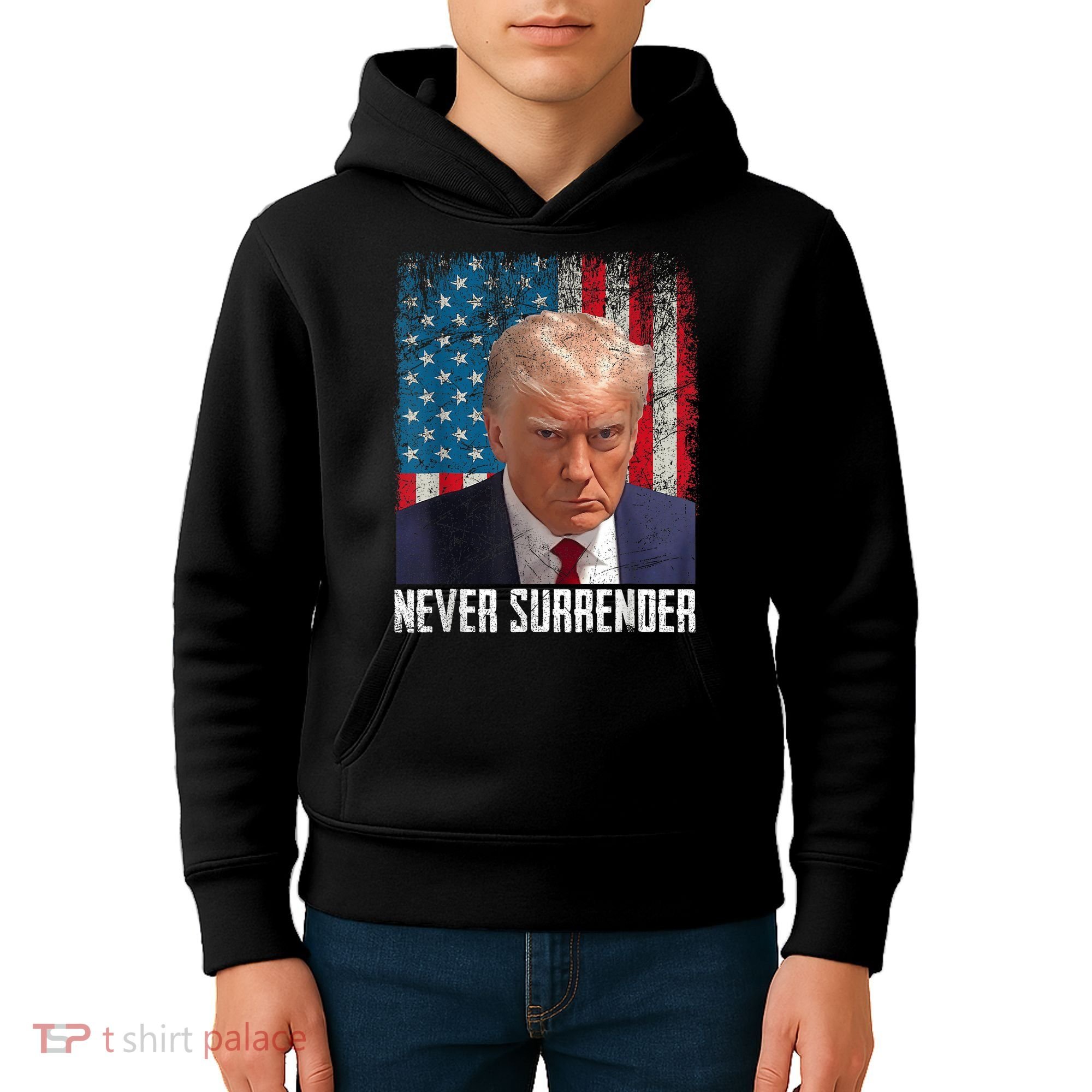 Trump Mug Shot Donald Trump Mug Shot Never Surrender Kids Hoodie
