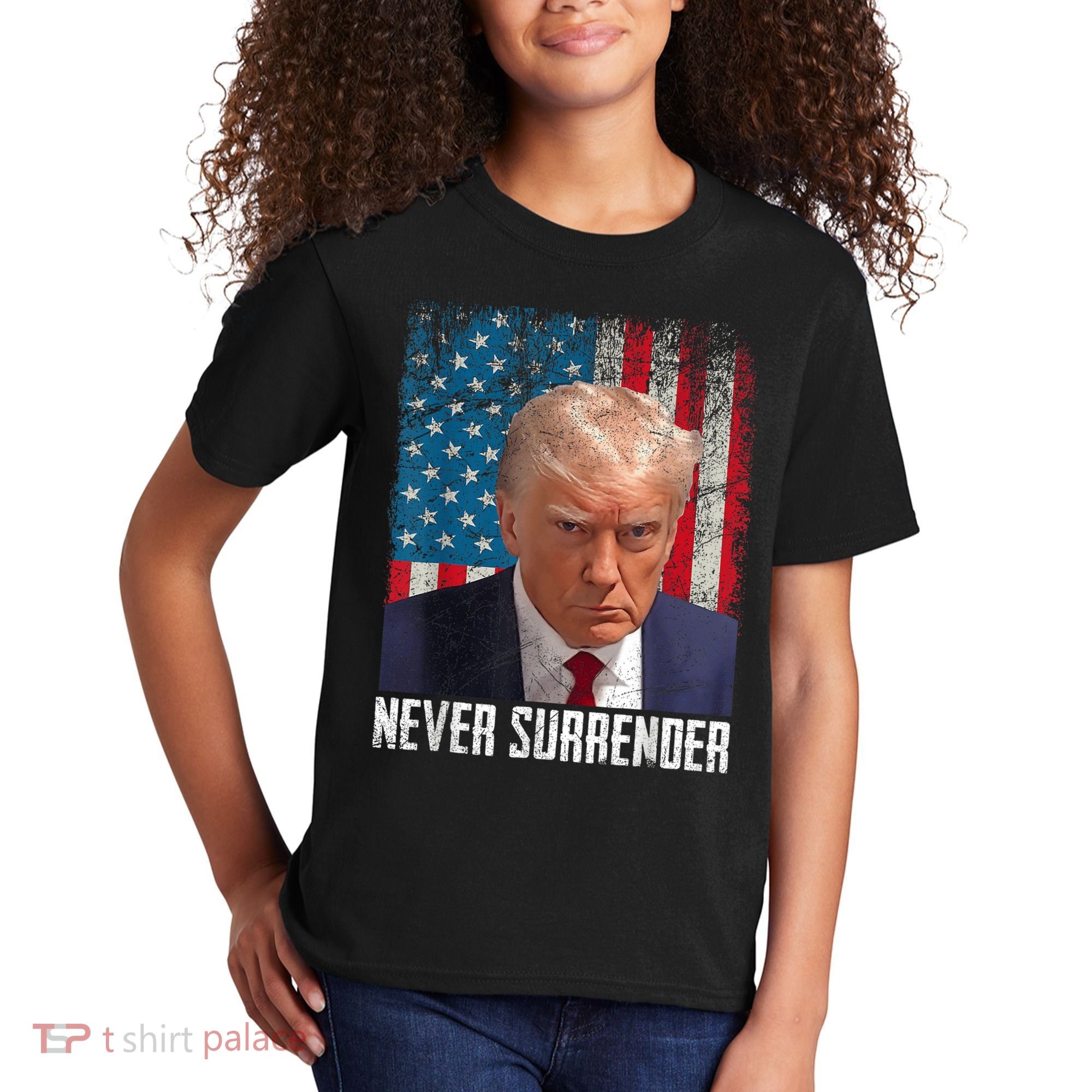 Trump Mug Shot Donald Trump Mug Shot Never Surrender Kids T-Shirt