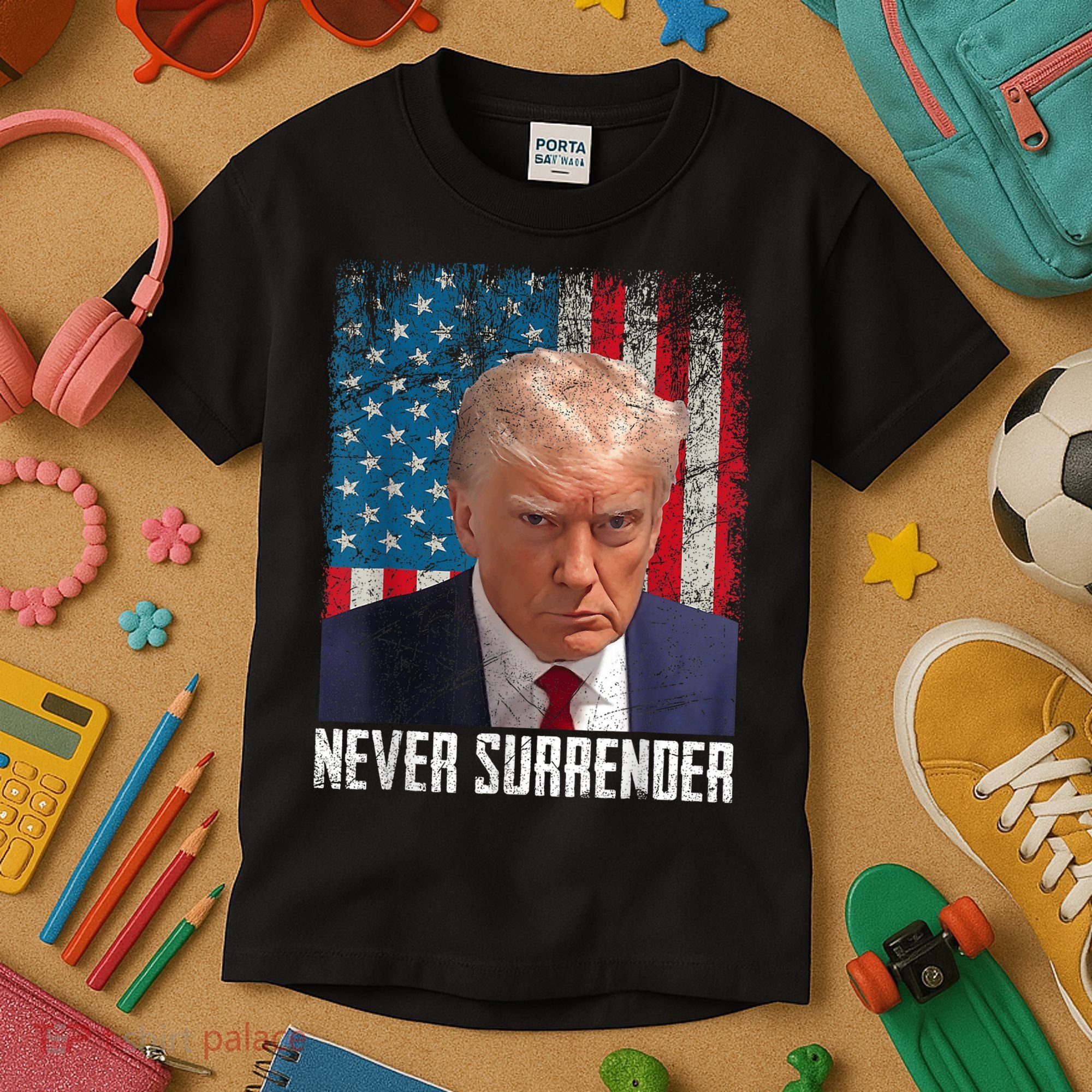 Trump Mug Shot Donald Trump Mug Shot Never Surrender Kids T-Shirt
