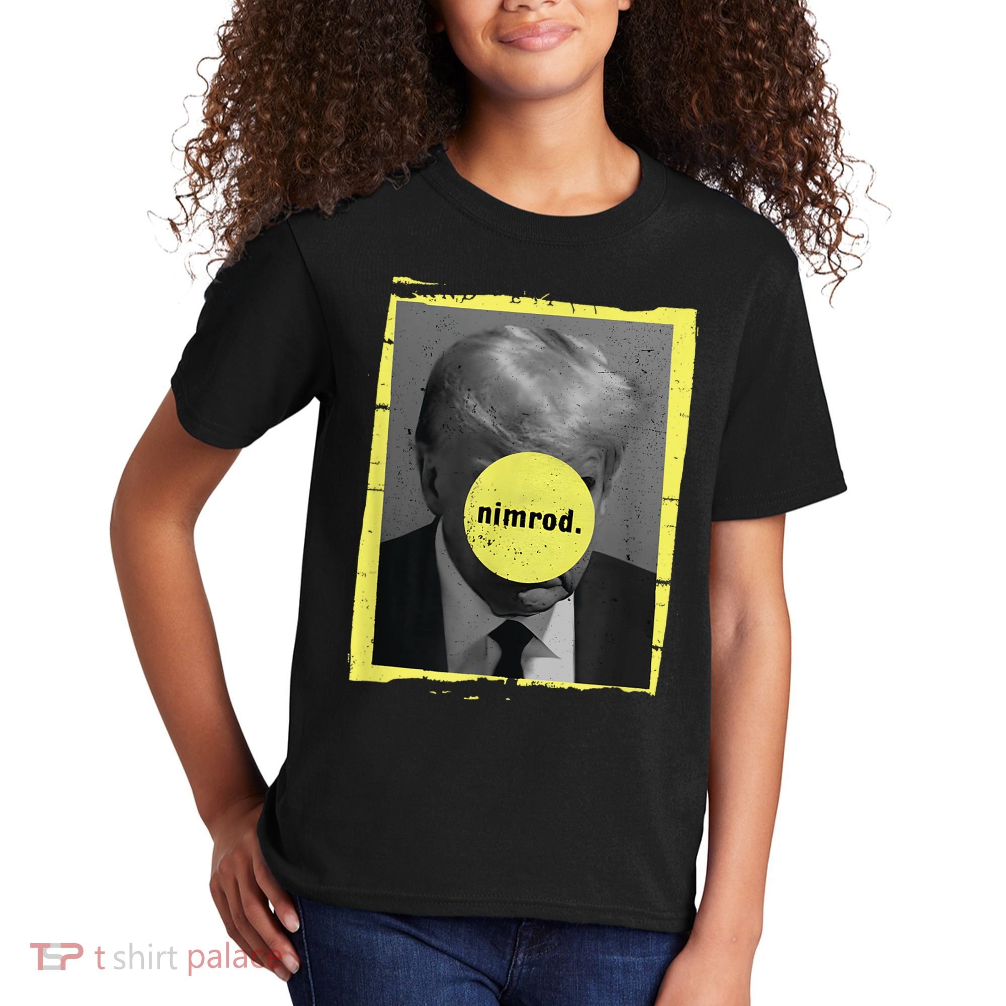 Trump Mug Shot Never Surrender Green Nimrod Trump Day Kids T-Shirt
