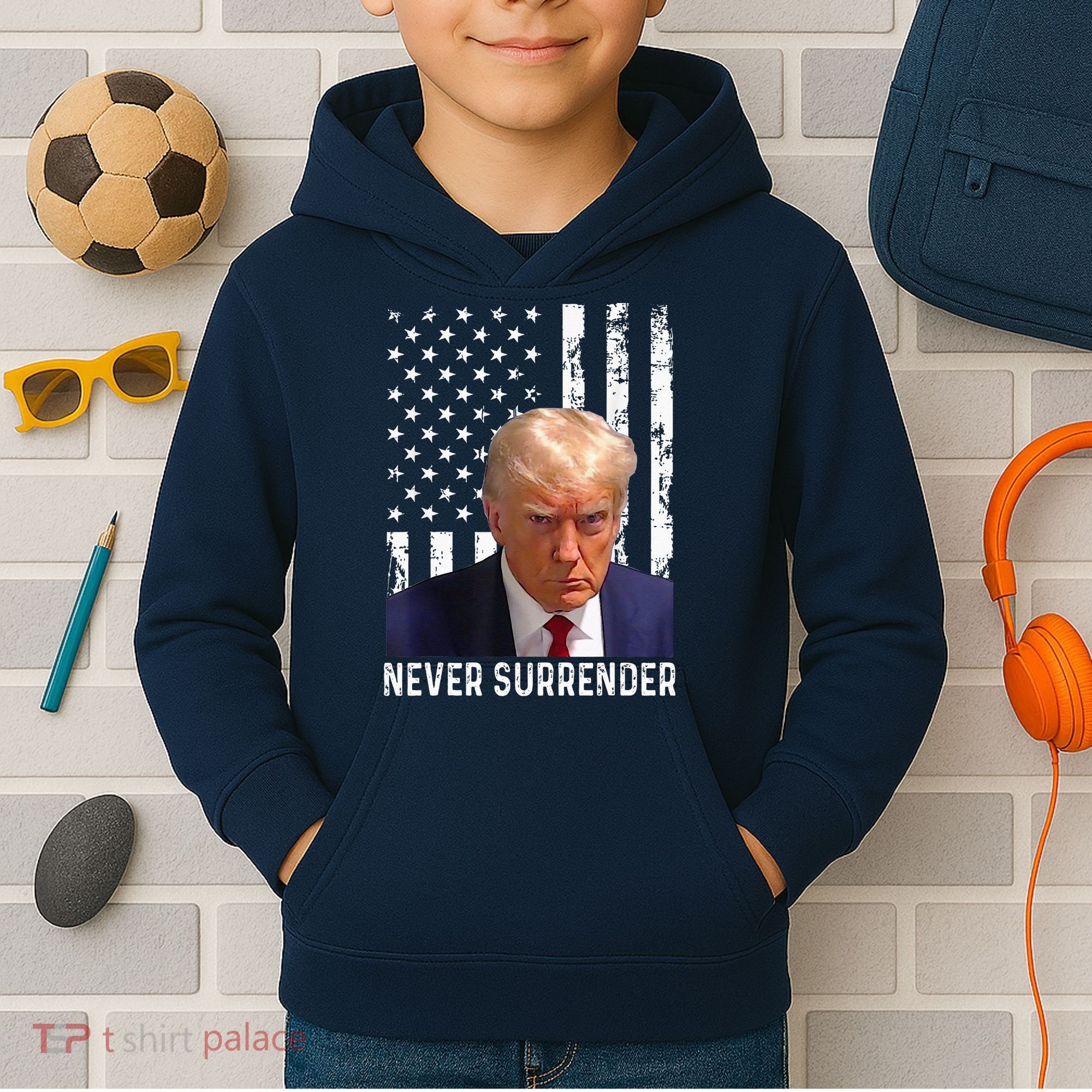Trump Mug Shot Donald Trump Mug Shot Never Surrender Kids Hoodie