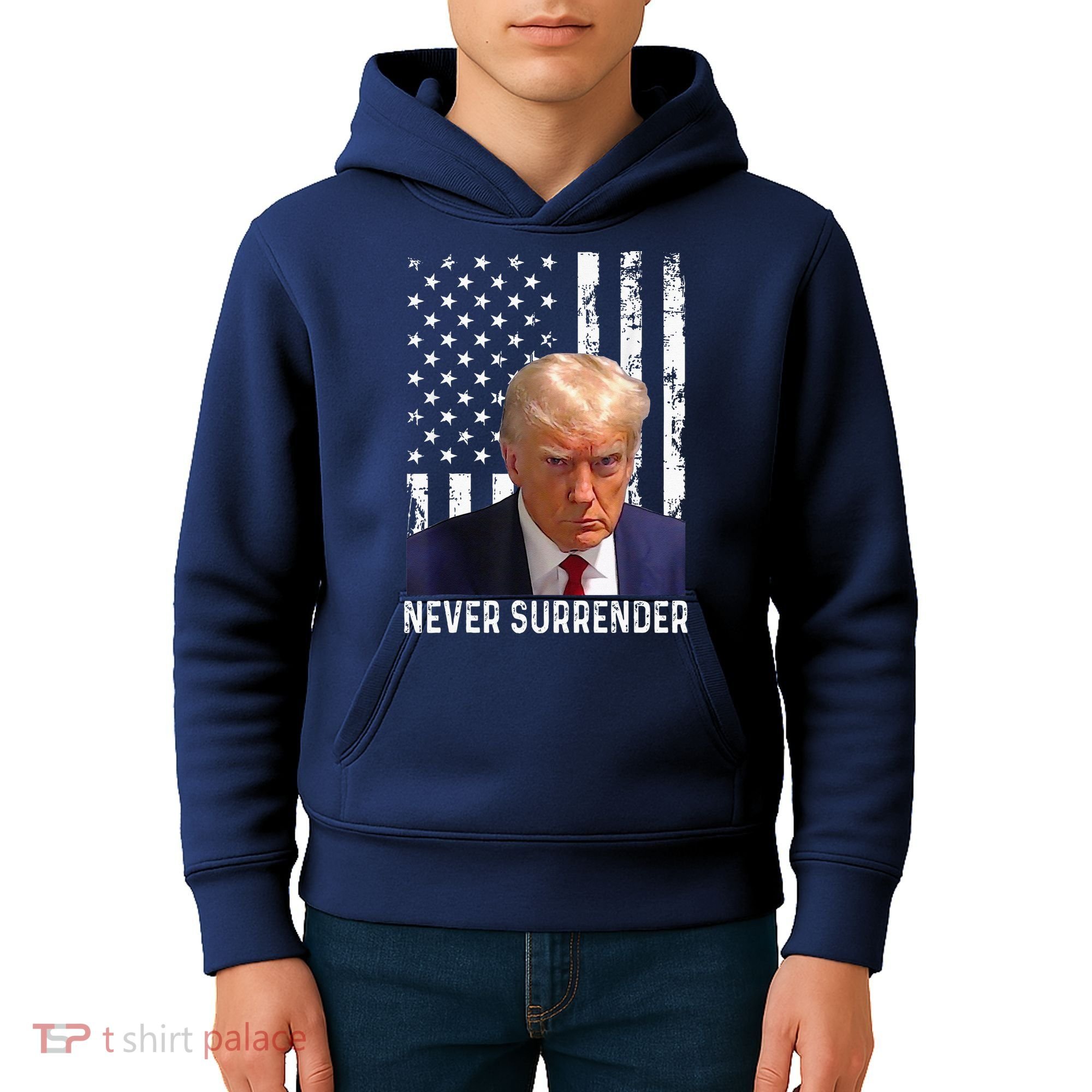 Trump Mug Shot Donald Trump Mug Shot Never Surrender Kids Hoodie