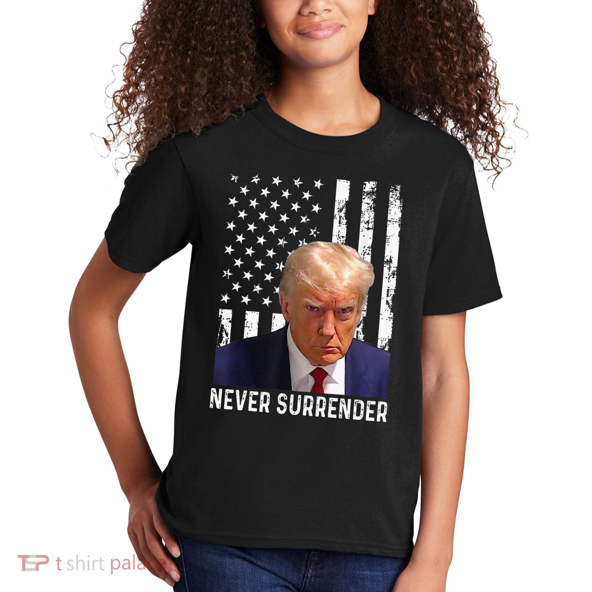 Trump Mug Shot Donald Trump Mug Shot Never Surrender Kids T-Shirt