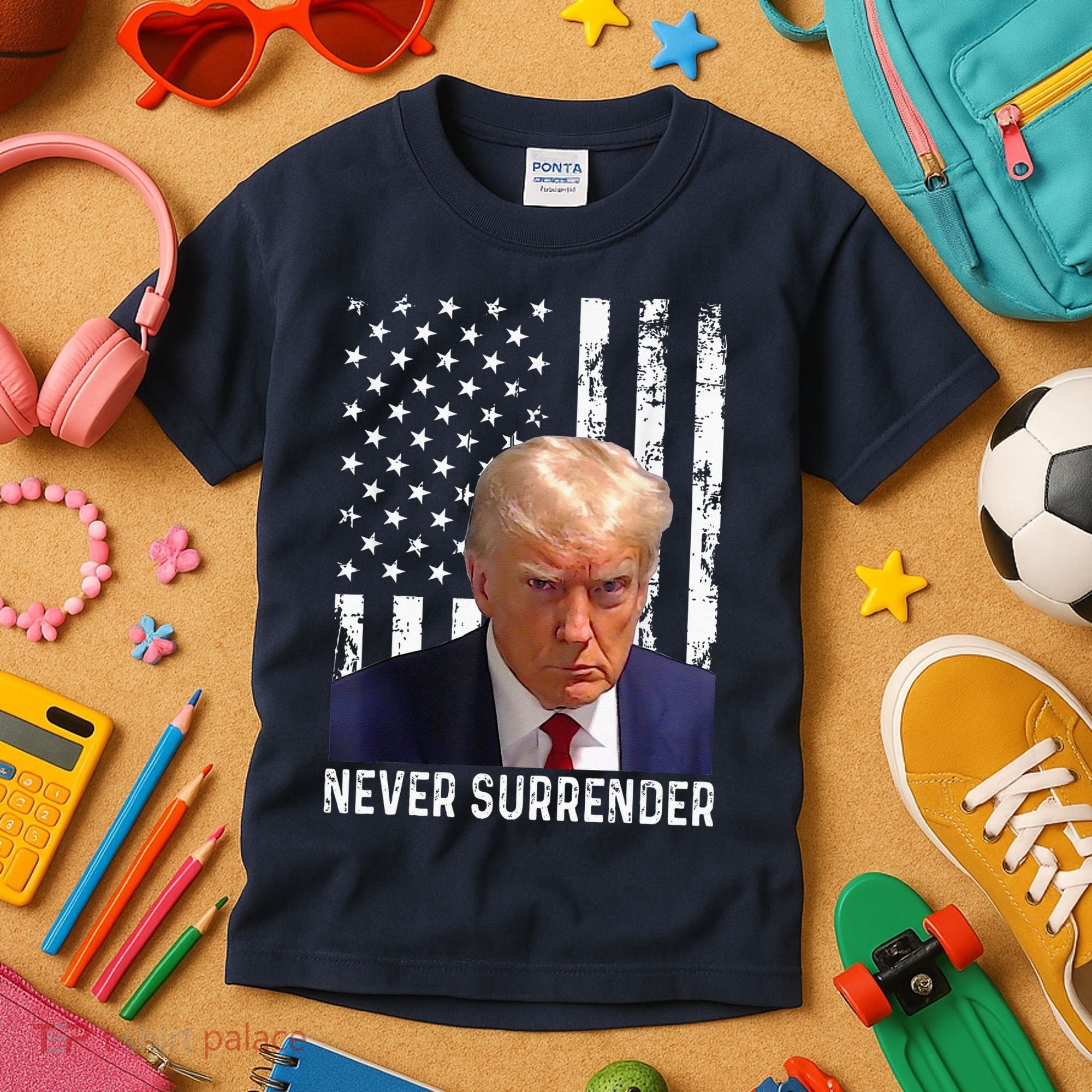 Trump Mug Shot Donald Trump Mug Shot Never Surrender Kids T-Shirt