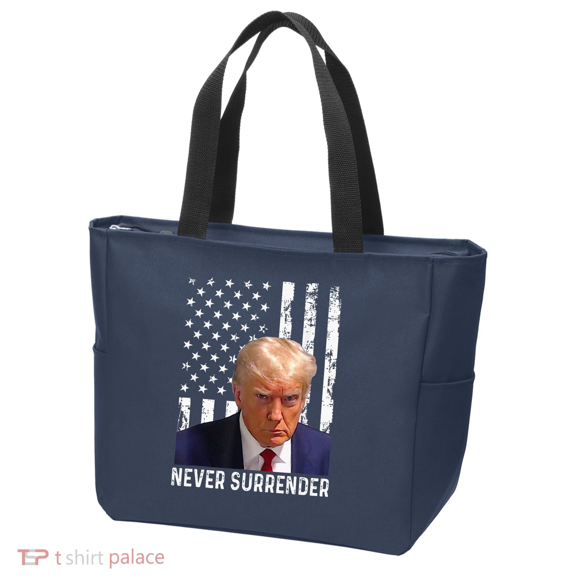 Trump Mug Shot Donald Trump Mug Shot Never Surrender Tote Bag