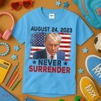 Trump Mug Shot Donald Trump Mug Shot Never Surrender America Flag Kids T-Shirt thumb 3
