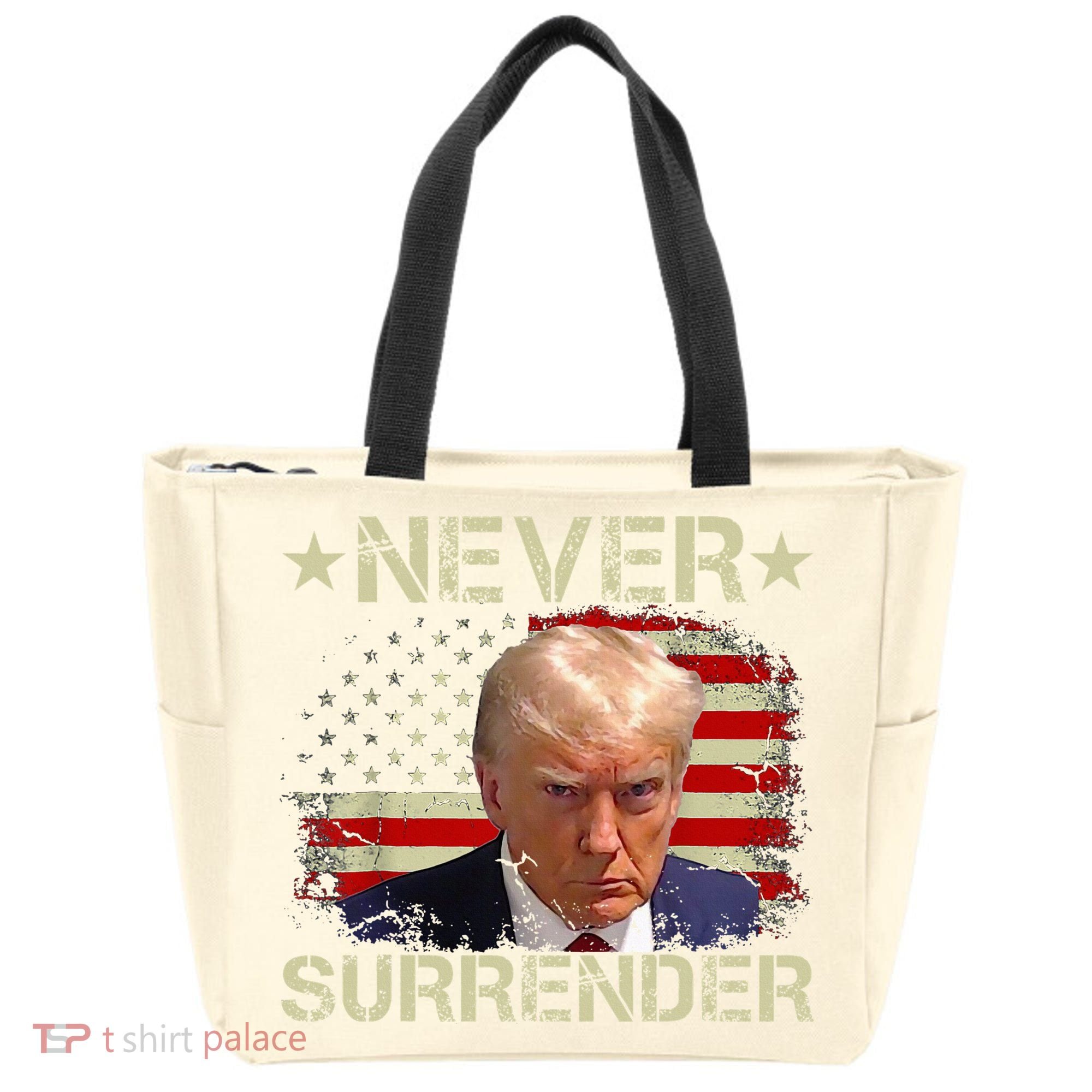 Trump Mug Shot Never Surrender Pro Trump American Flag Tote Bag