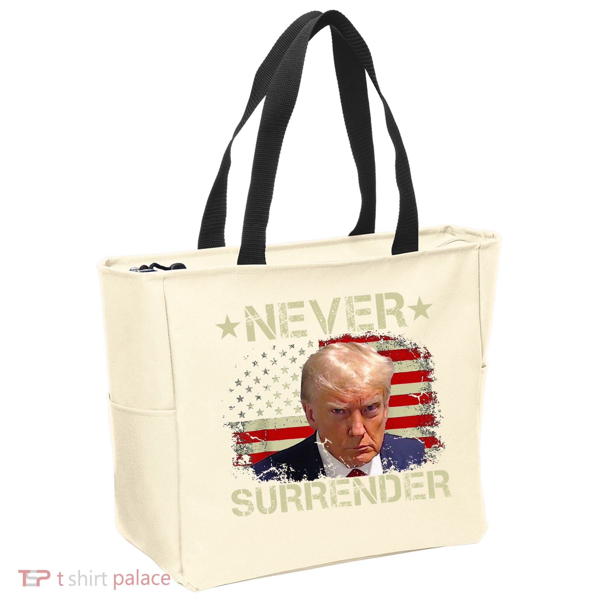 Trump Mug Shot Never Surrender Pro Trump American Flag Tote Bag