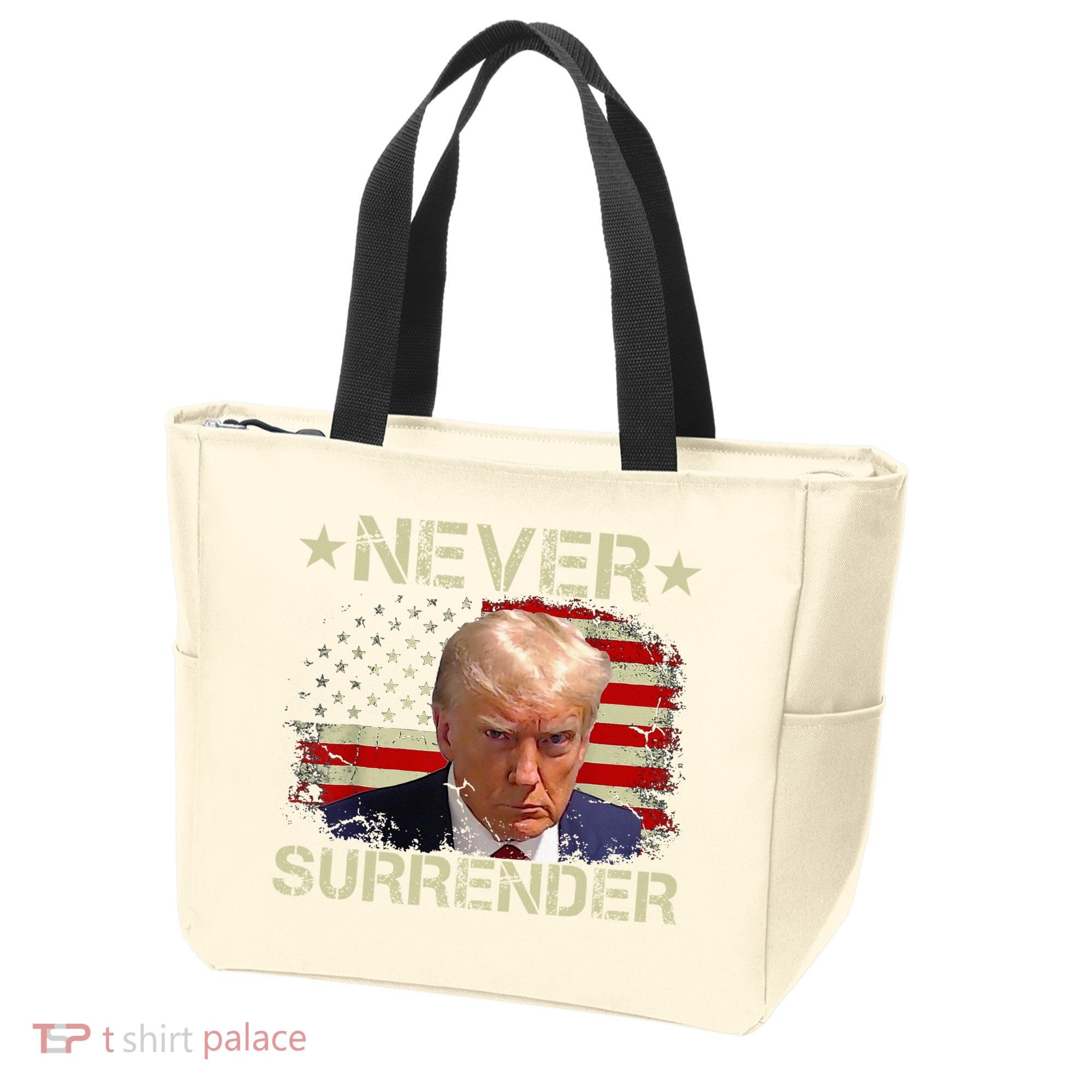 Trump Mug Shot Never Surrender Pro Trump American Flag Tote Bag