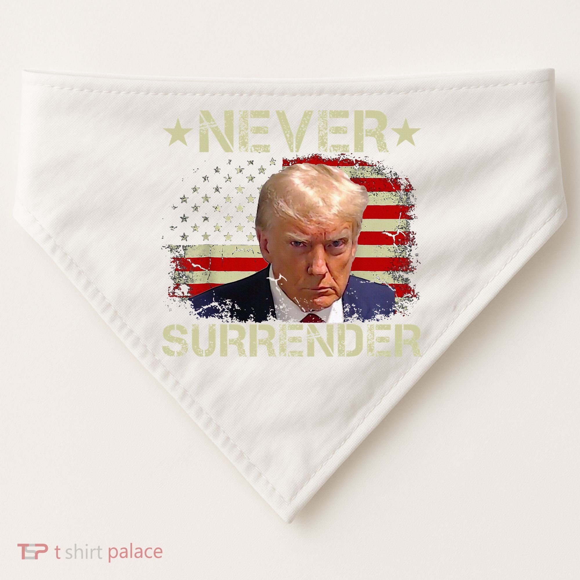 Trump Mug Shot Never Surrender Pro Trump American Flag USA-Made Doggie Bandana