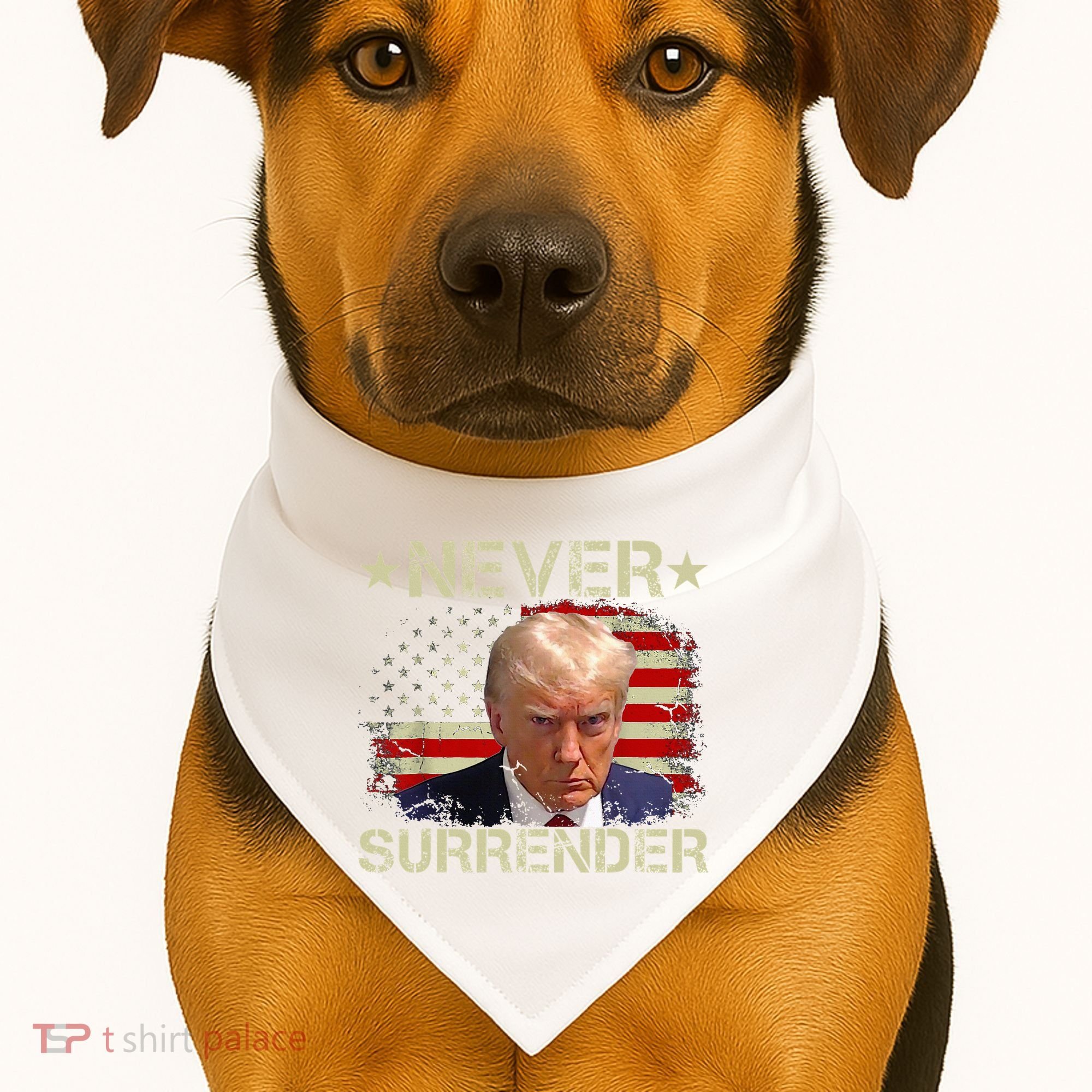 Trump Mug Shot Never Surrender Pro Trump American Flag USA-Made Doggie Bandana