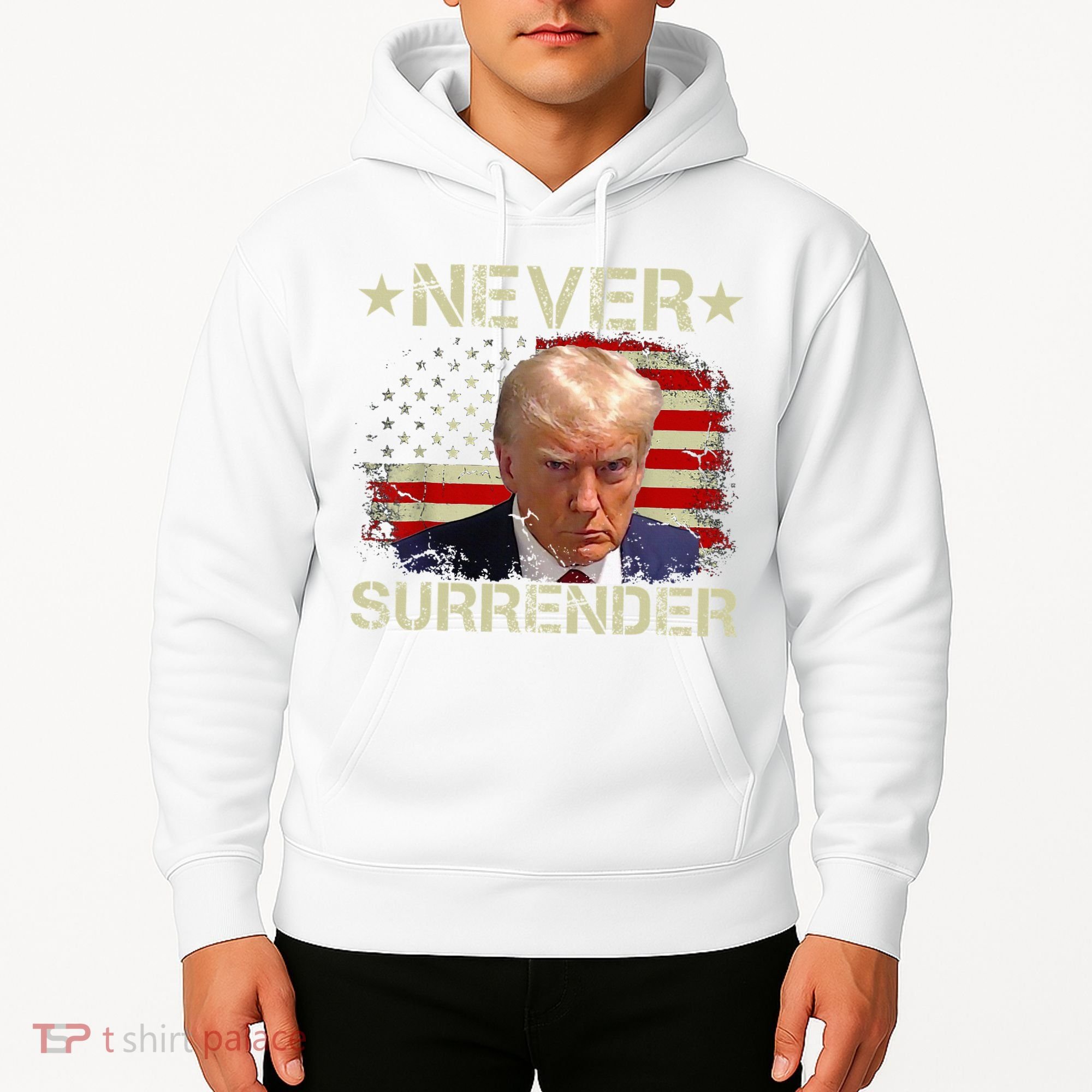 Trump Mug Shot Never Surrender Pro Trump American Flag Hoodie