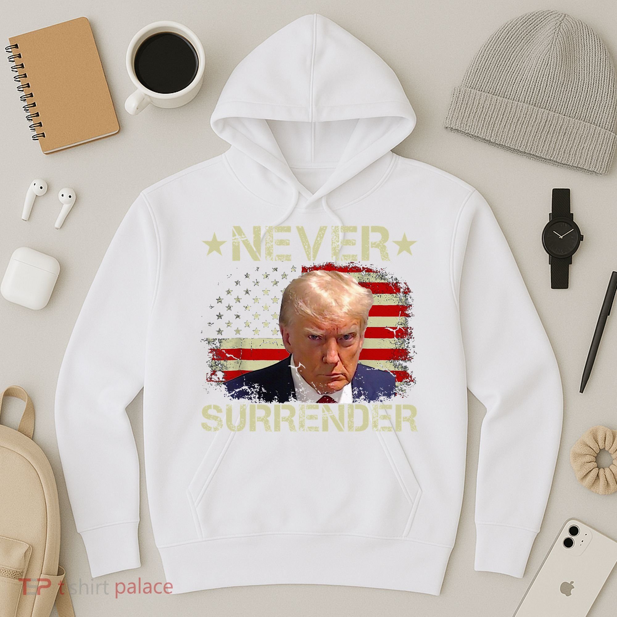 Trump Mug Shot Never Surrender Pro Trump American Flag Hoodie