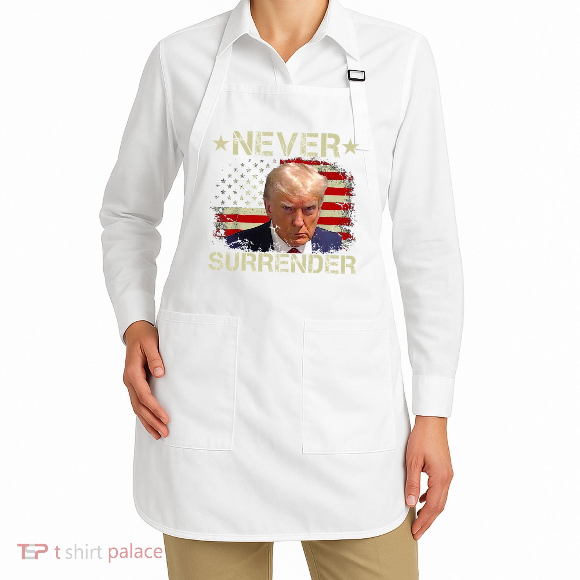 Trump Mug Shot Never Surrender Pro Trump American Flag Apron