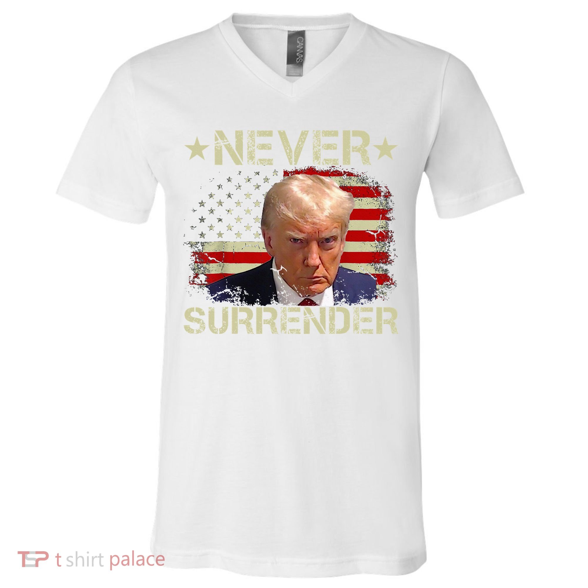 Trump Mug Shot Never Surrender Pro Trump American Flag V-Neck T-Shirt