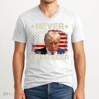 Trump Mug Shot Never Surrender Pro Trump American Flag V-Neck T-Shirt thumb 2
