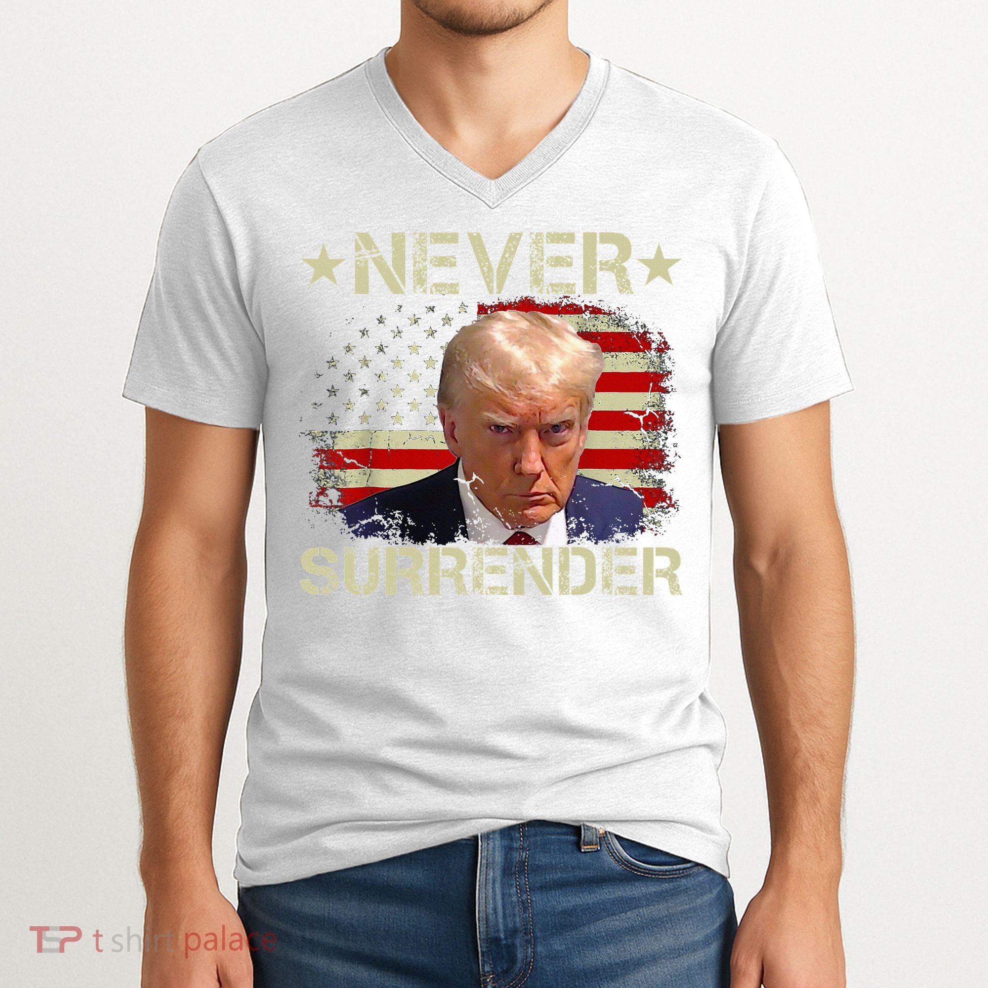 Trump Mug Shot Never Surrender Pro Trump American Flag V-Neck T-Shirt