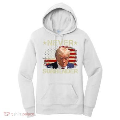 Trump Mug Shot Never Surrender Pro Trump American Flag Women's Hoodie