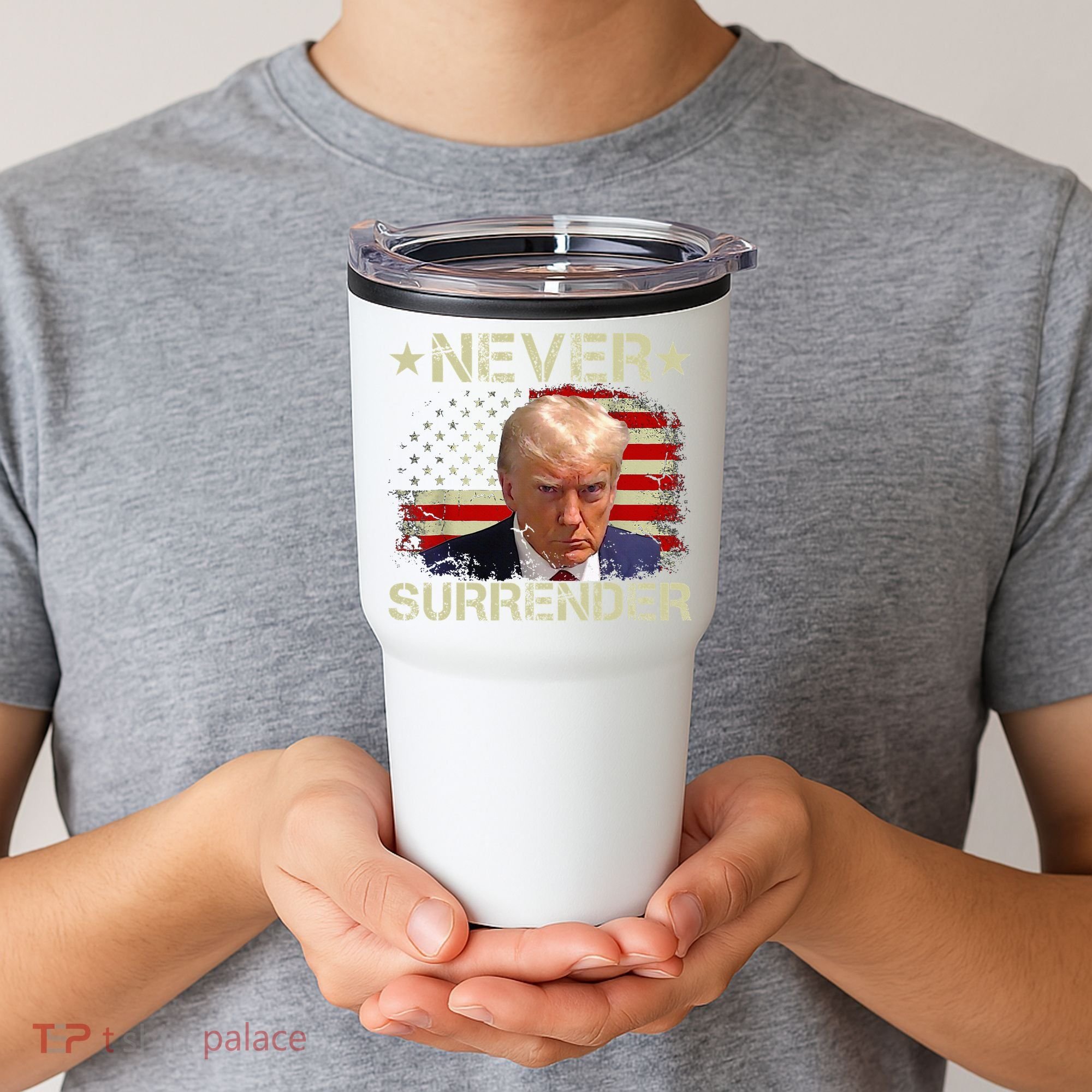 Trump Mug Shot Never Surrender Pro Trump American Flag Tumbler