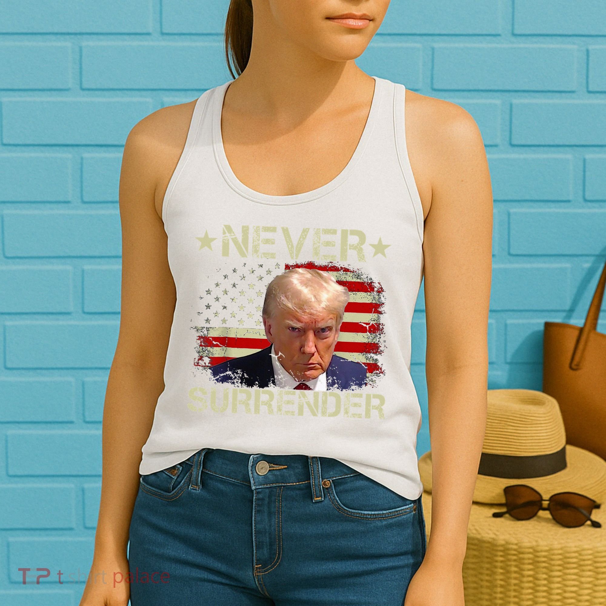 Trump Mug Shot Never Surrender Pro Trump American Flag Women's Tank Top