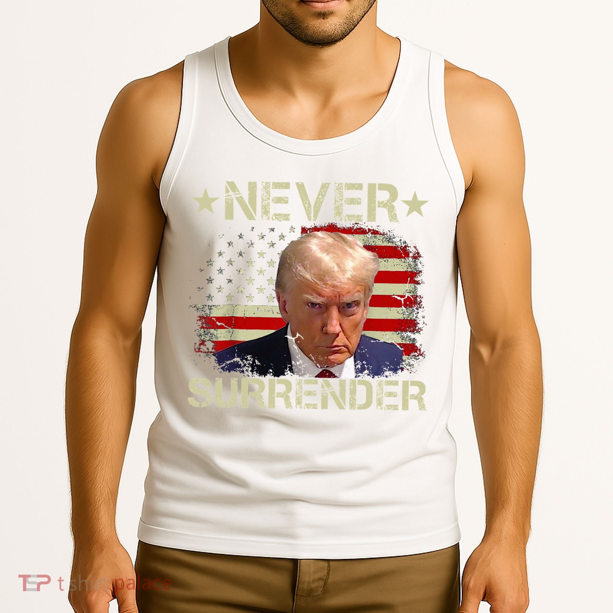 Trump Mug Shot Never Surrender Pro Trump American Flag Tank Top
