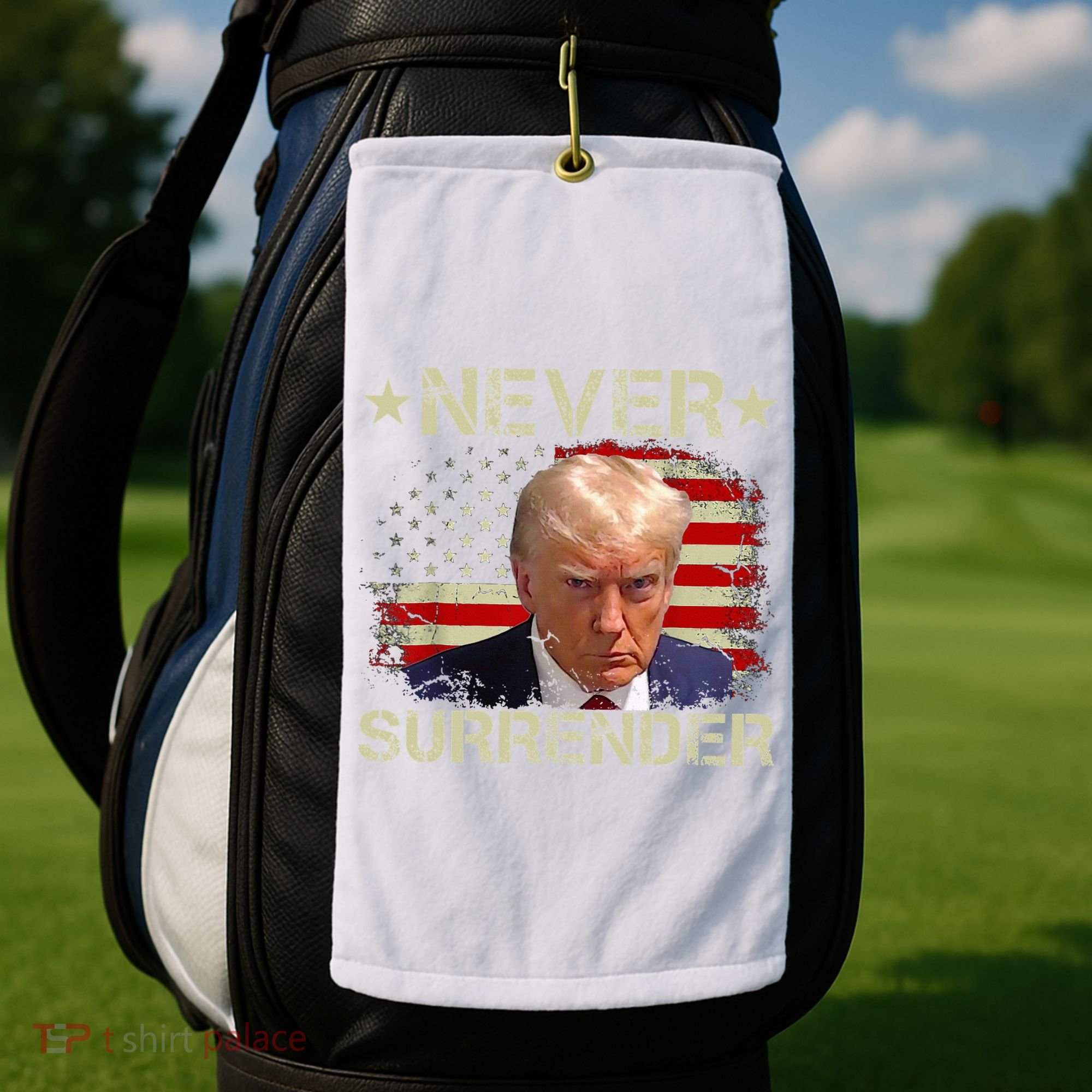 Trump Mug Shot Never Surrender Pro Trump American Flag Golf Towel