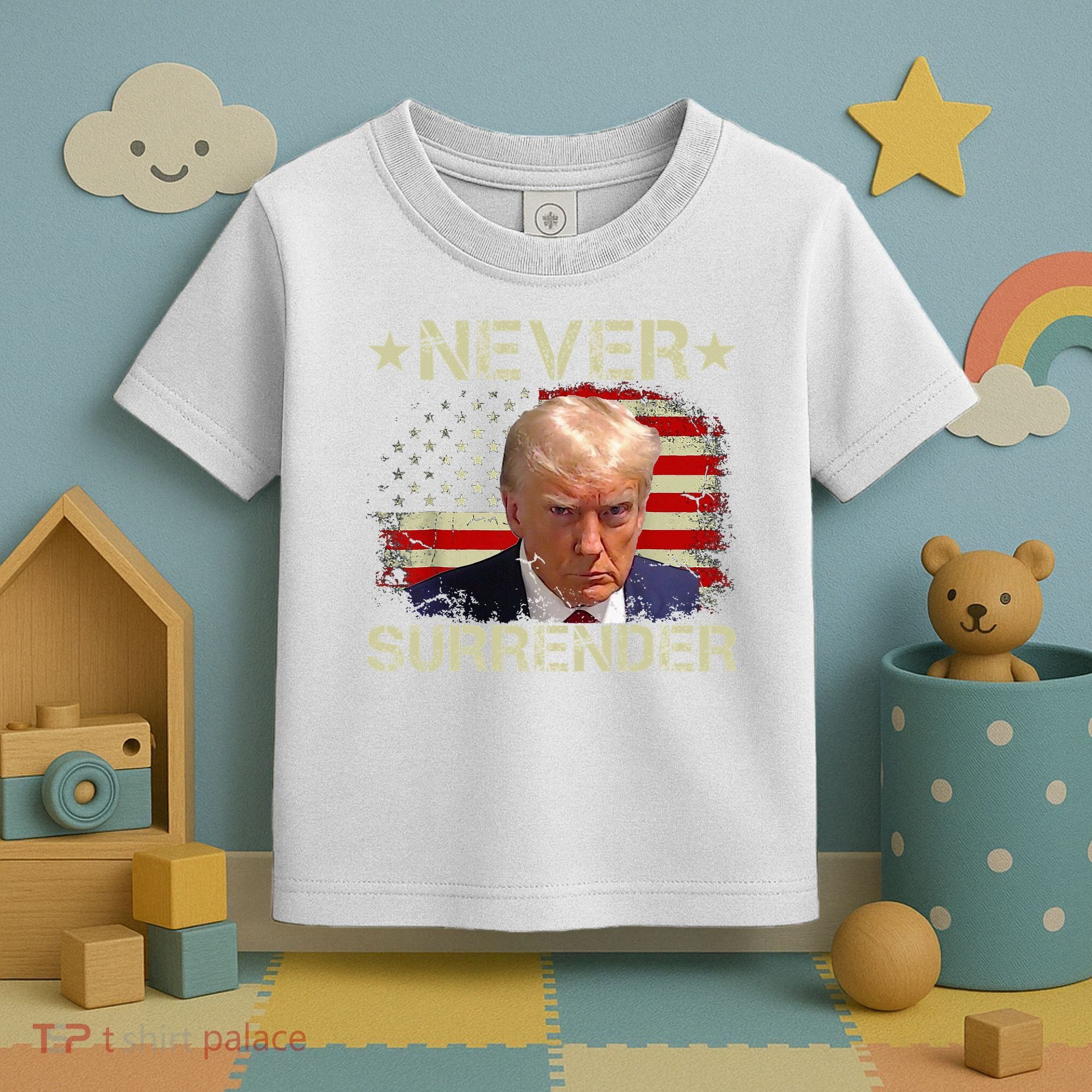 Trump Mug Shot Never Surrender Pro Trump American Flag Toddler T-Shirt