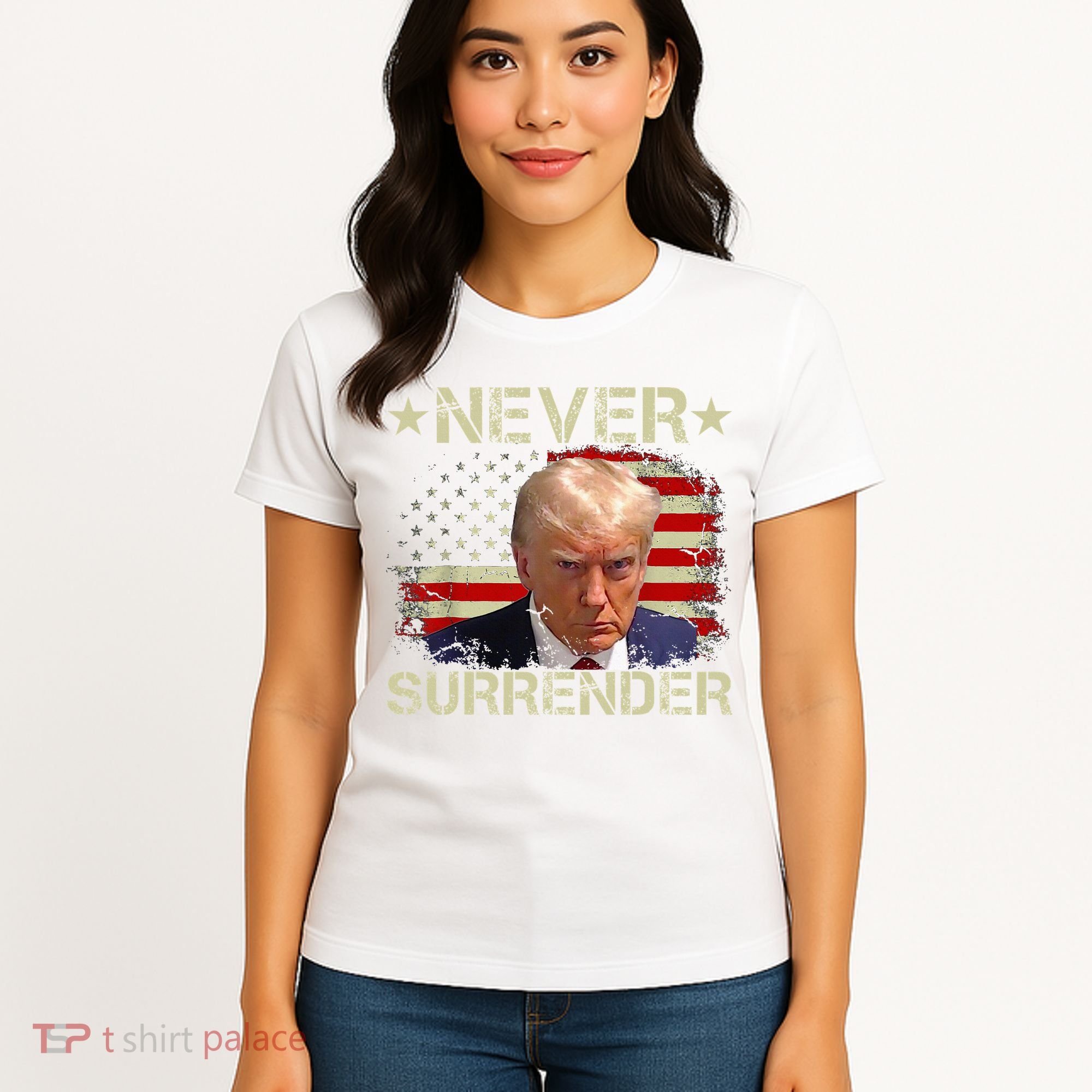 Trump Mug Shot Never Surrender Pro Trump American Flag Women's T-Shirt