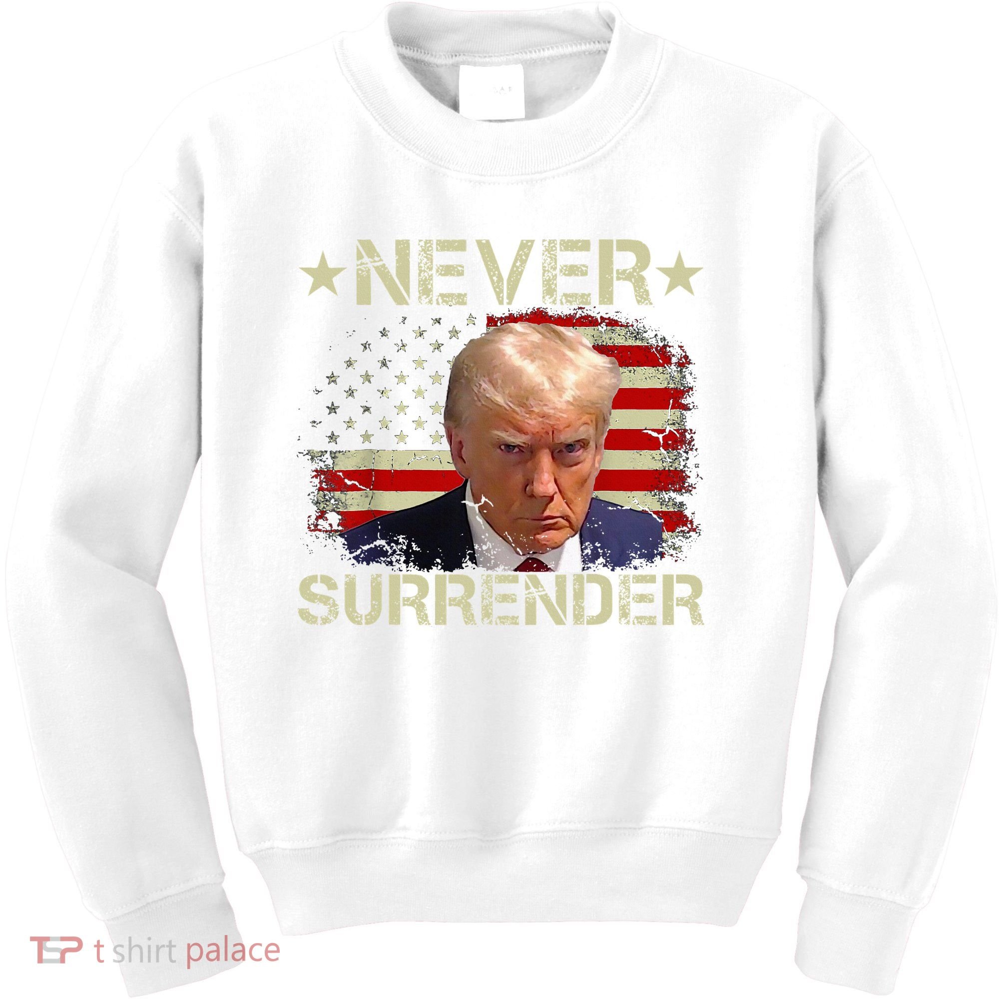 Trump Mug Shot Never Surrender Pro Trump American Flag Kids Sweatshirt