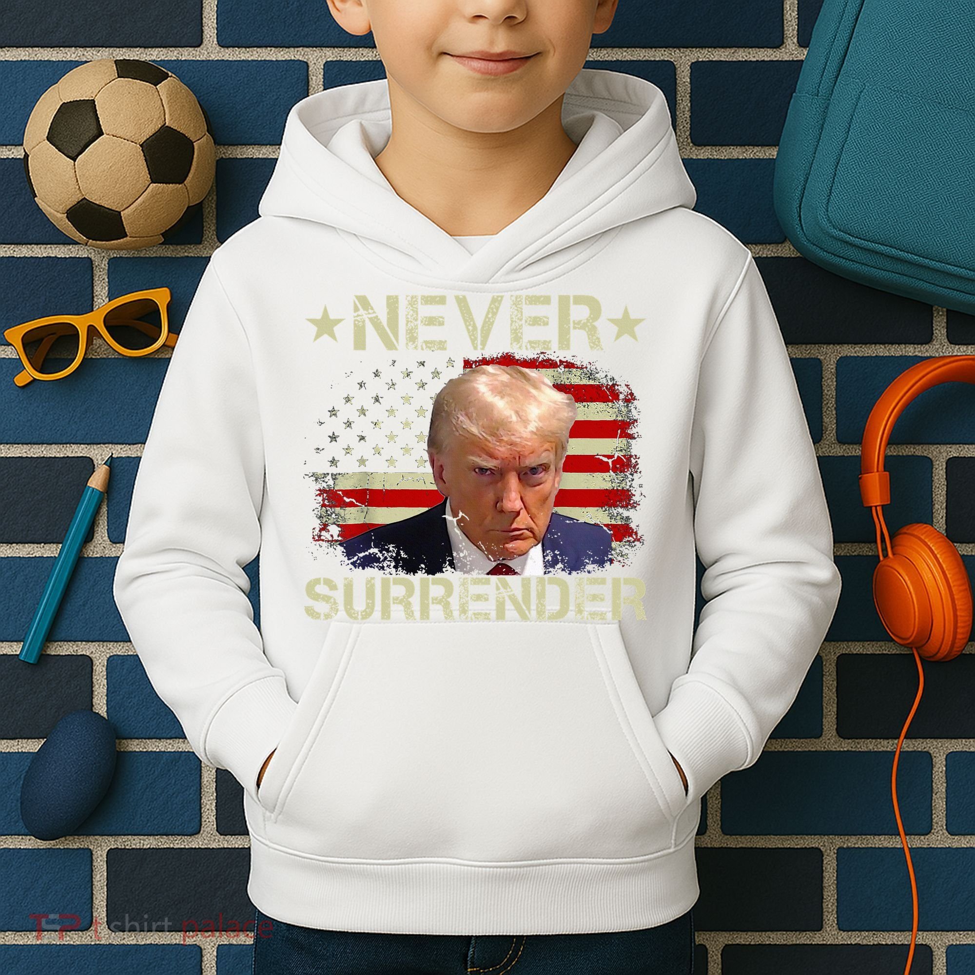 Trump Mug Shot Never Surrender Pro Trump American Flag Kids Hoodie