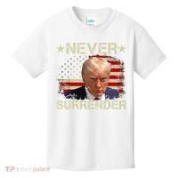 Trump Mug Shot Never Surrender Pro Trump American Flag Kids T-Shirt thumb 0