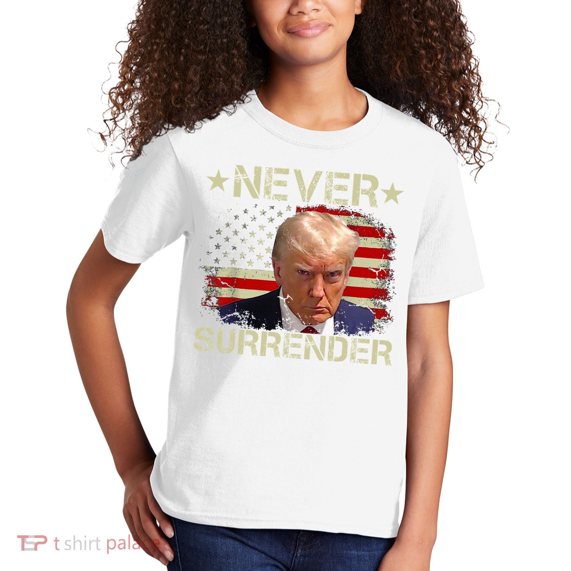 Trump Mug Shot Never Surrender Pro Trump American Flag Kids T-Shirt