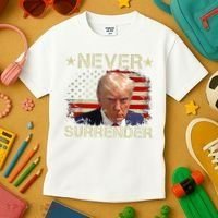 Trump Mug Shot Never Surrender Pro Trump American Flag Kids T-Shirt thumb 3