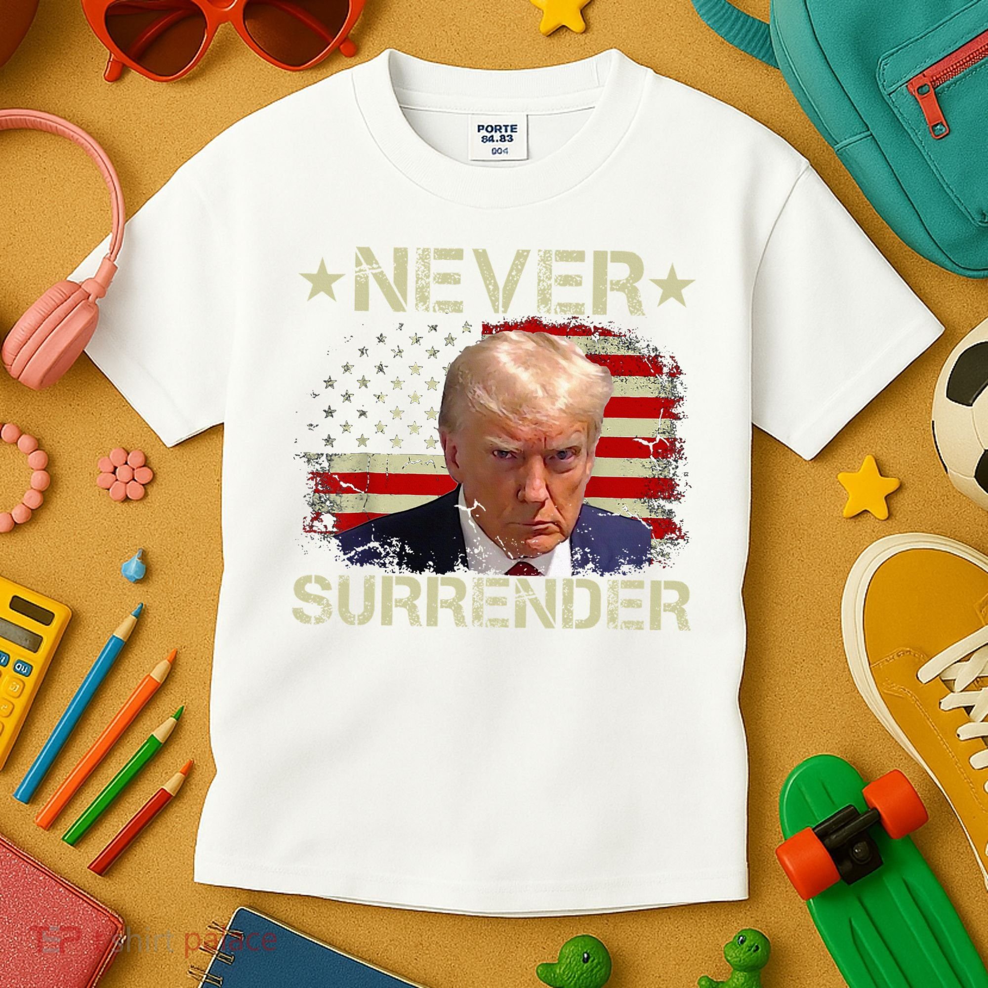 Trump Mug Shot Never Surrender Pro Trump American Flag Kids T-Shirt