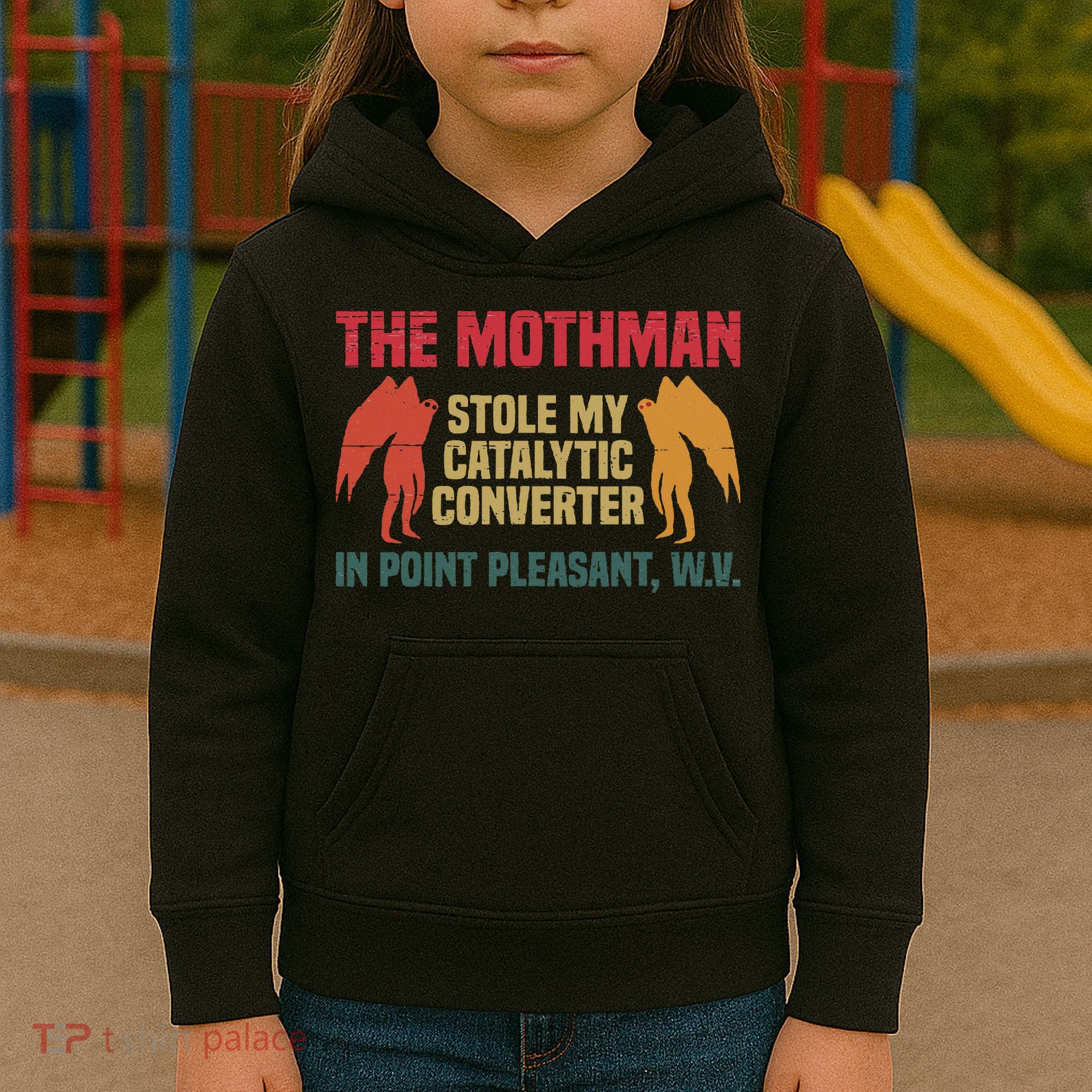 The Mothman Stole My Catalytic Converter In Point Vintage Kids Hoodie