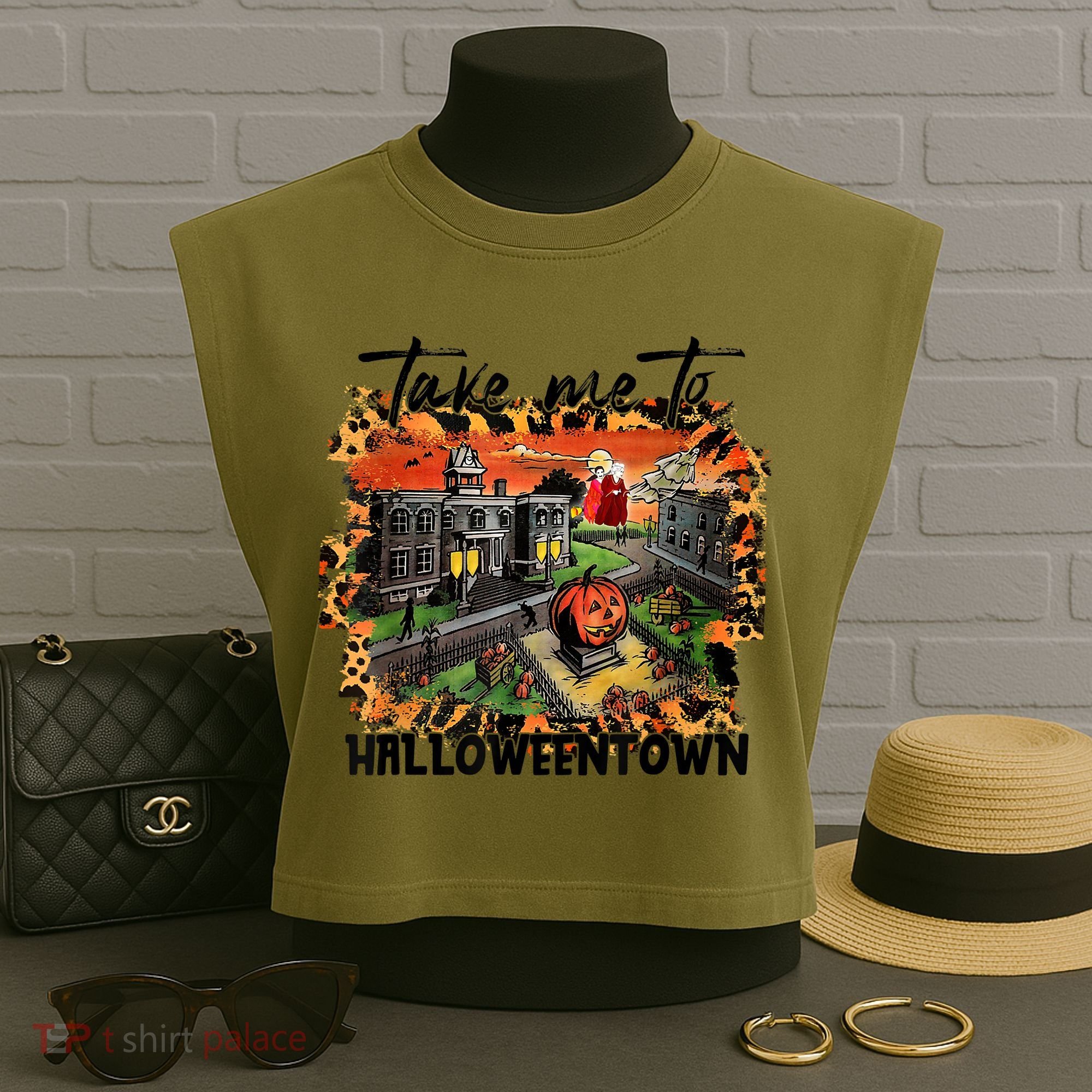 Take Me To Halloweentown & Chill Leopard Halloween Costume Gift Garment-Dyed Women's Muscle Tee