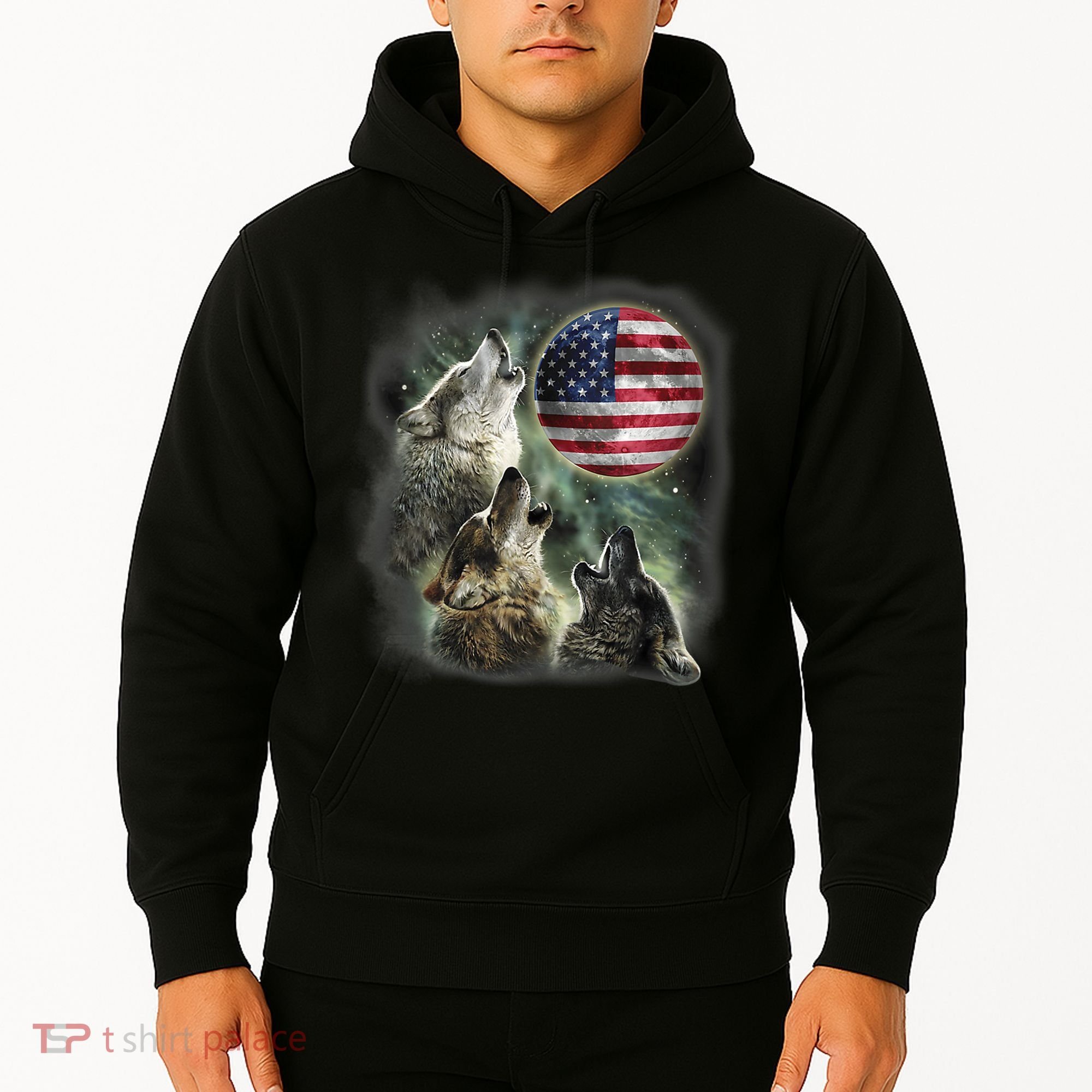 The Mountain Three Wolfs American Flag Moons Hoodie