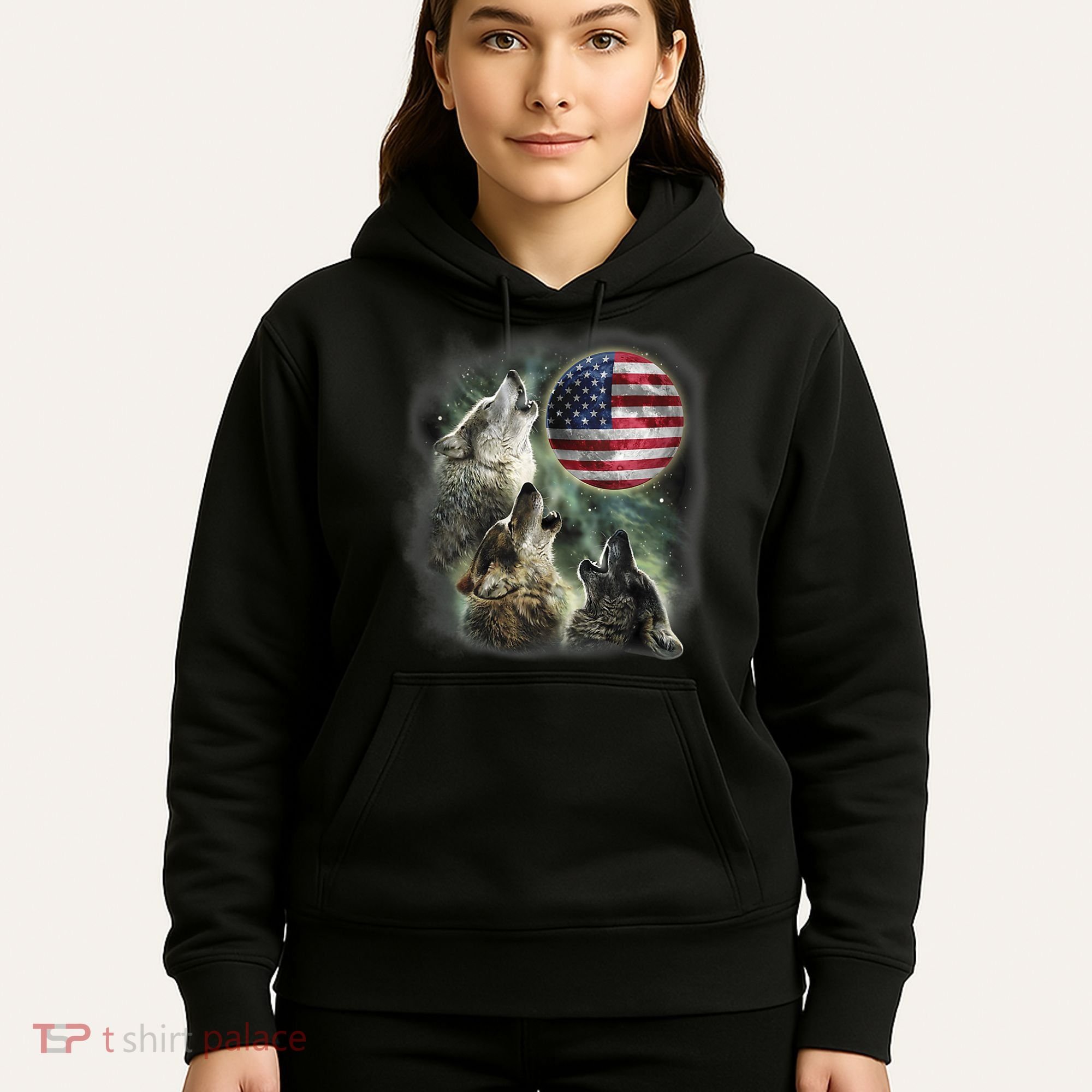 The Mountain Three Wolfs American Flag Moons Hoodie