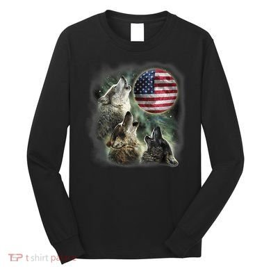 The Mountain Three Wolfs American Flag Moons Long Sleeve Shirt