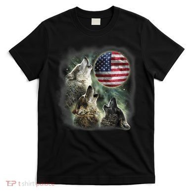 The Mountain Three Wolfs American Flag Moons T-Shirt