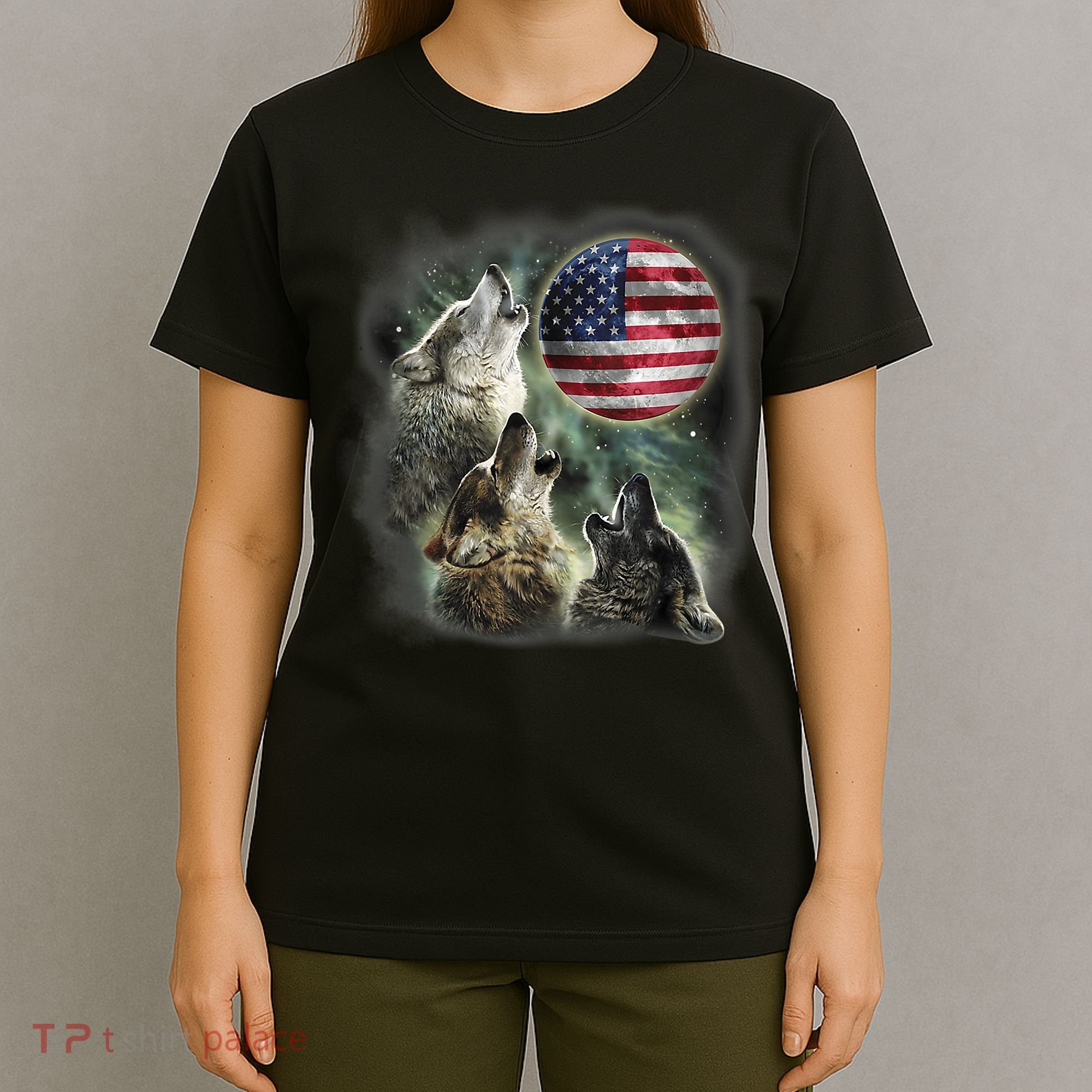 The Mountain Three Wolfs American Flag Moons T-Shirt