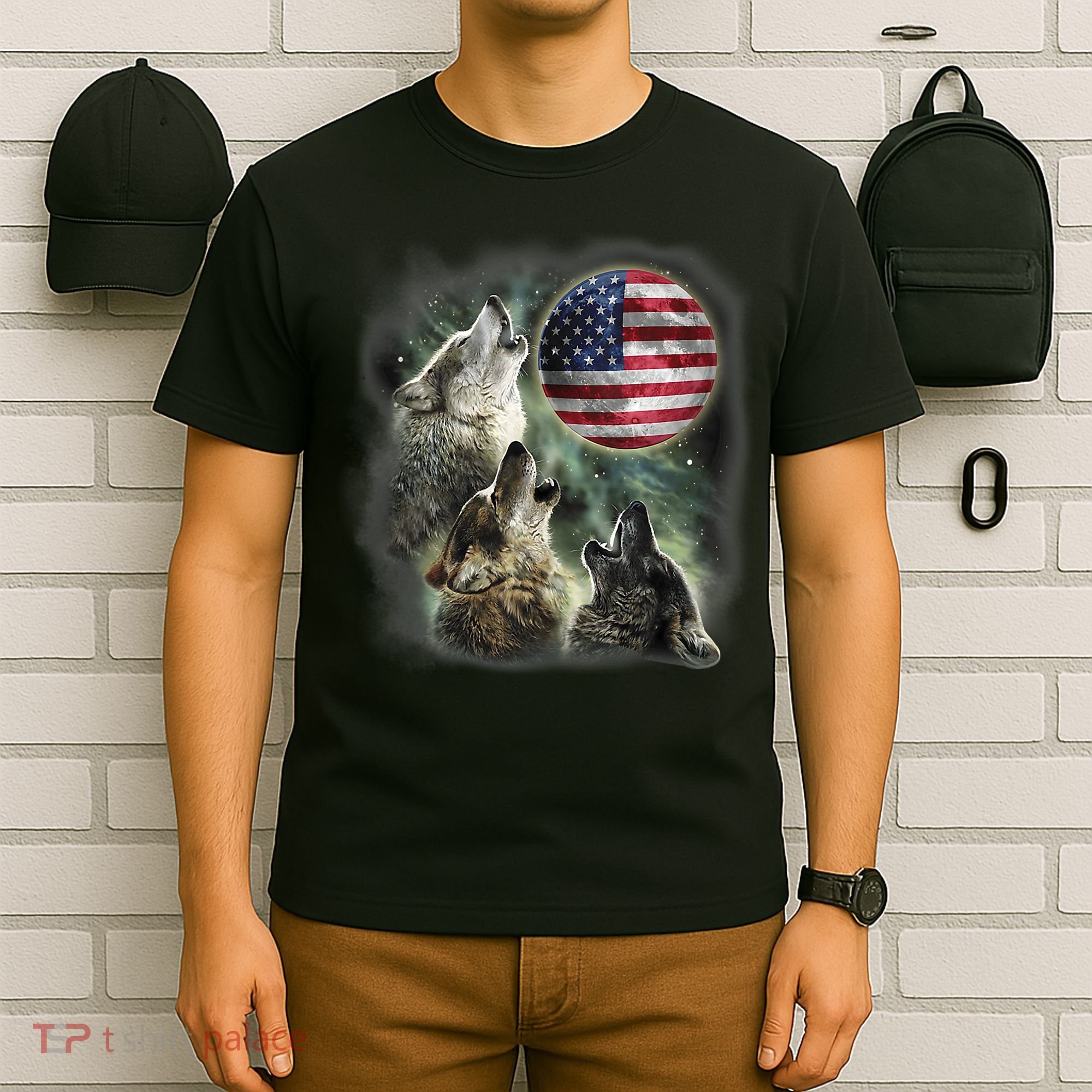 The Mountain Three Wolfs American Flag Moons T-Shirt